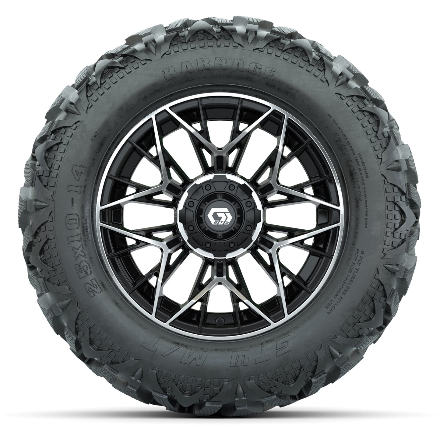 GTW Stellar Black/Machined 14 in Wheels with 25x10-14 Barrage Mud Tires – Full Set