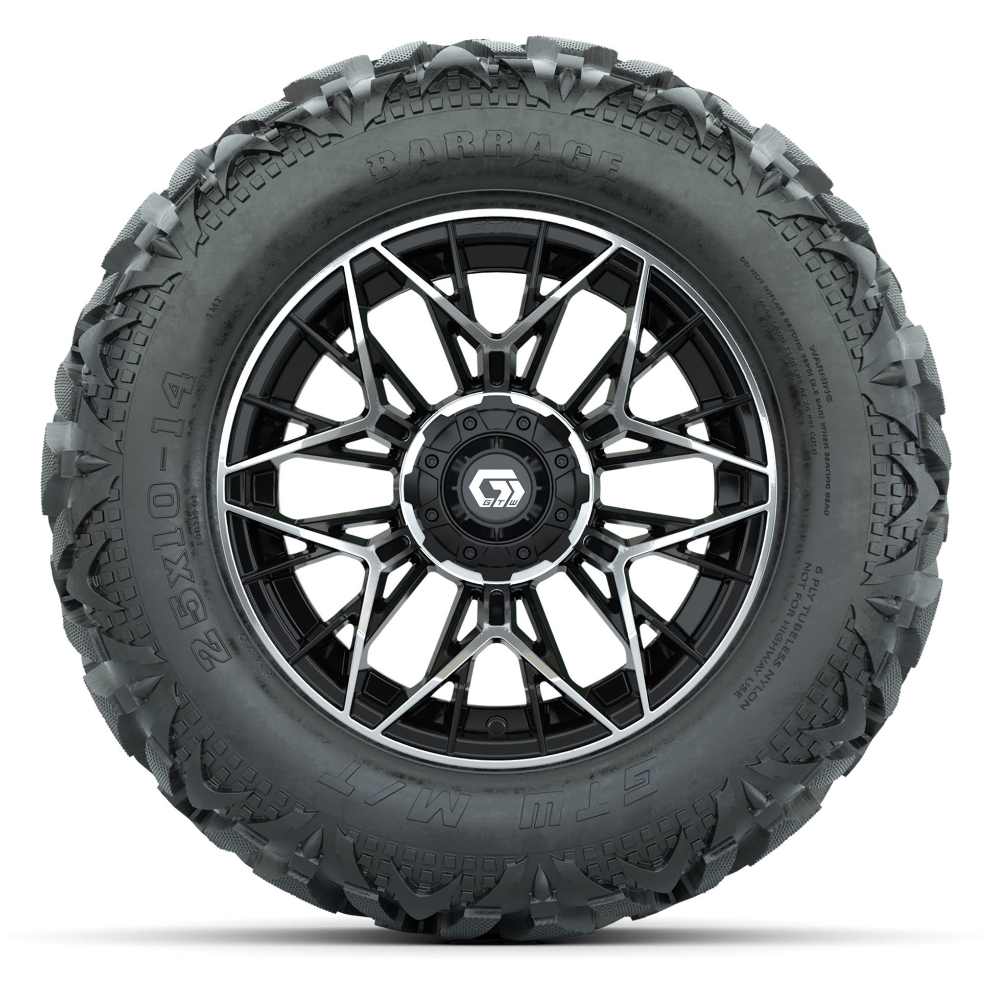 GTW Stellar Black/Machined 14 in Wheels with 25x10-14 Barrage Mud Tires – Full Set