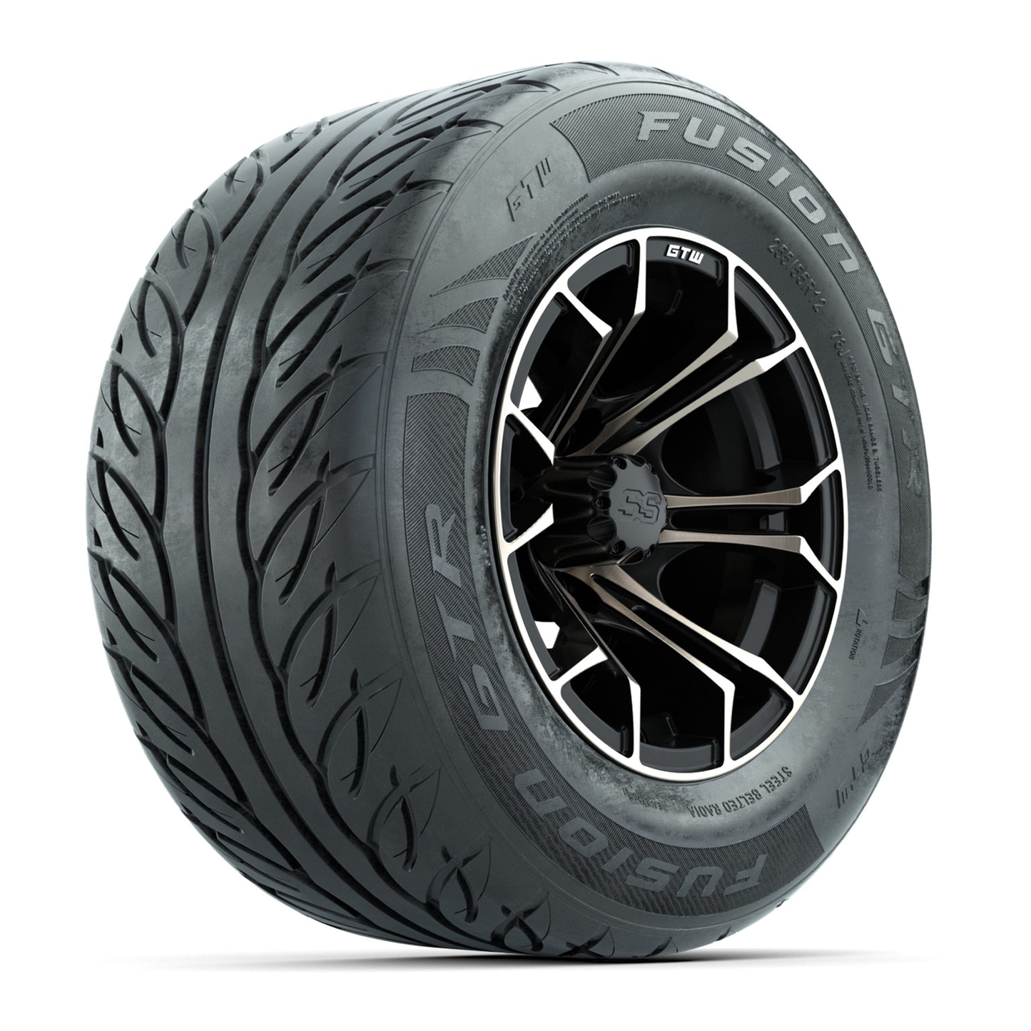 GTW® Spyder Matte Black/Bronze 12 in Wheels with 255/55-R12 Fusion GTR Steel Belt Radial Street Tires – Full Set