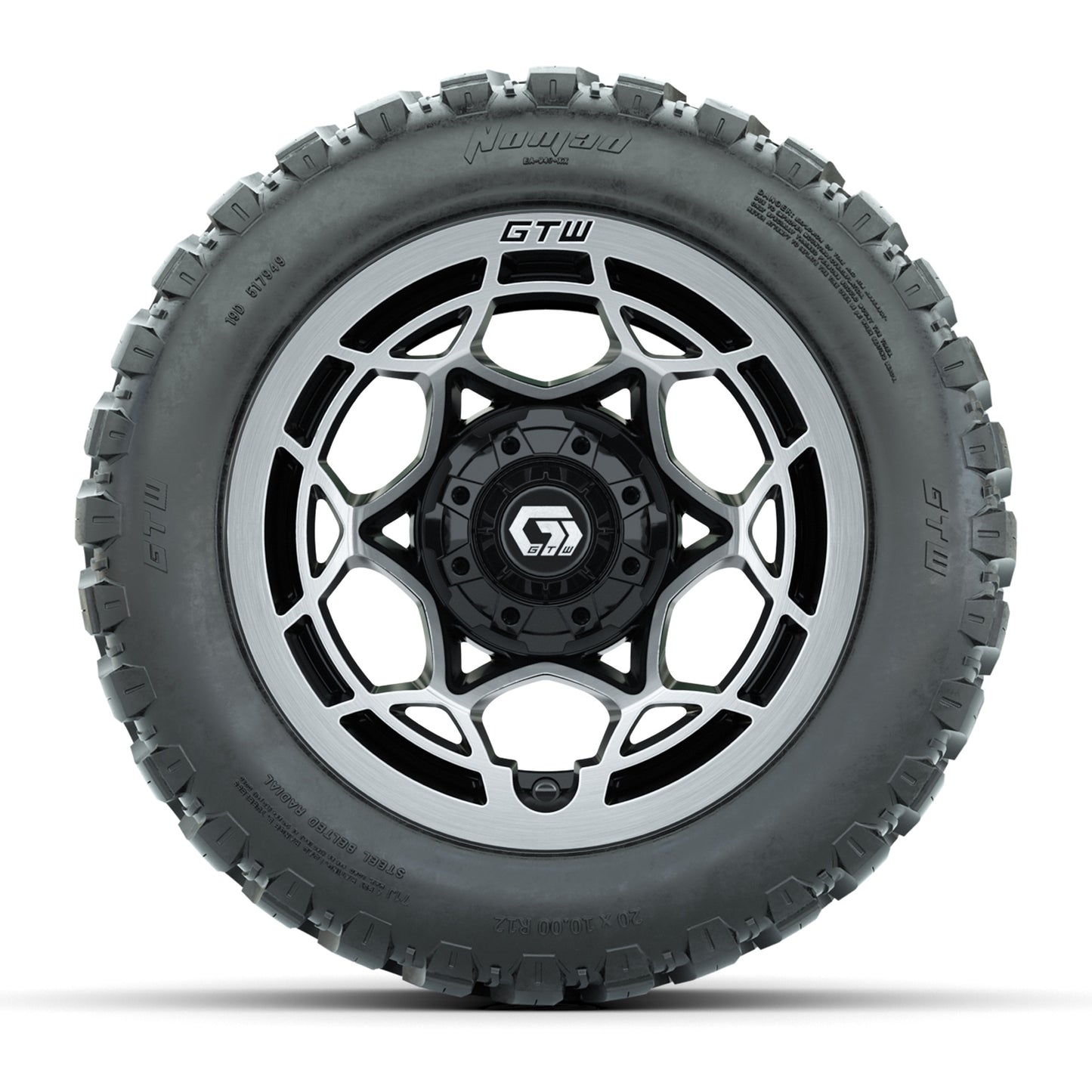 GTW® Nexus Black with Silver Face 12 in Wheels with 20X10-12 Nomad Steel Belt Radial All-Terrain Tires - Full Set