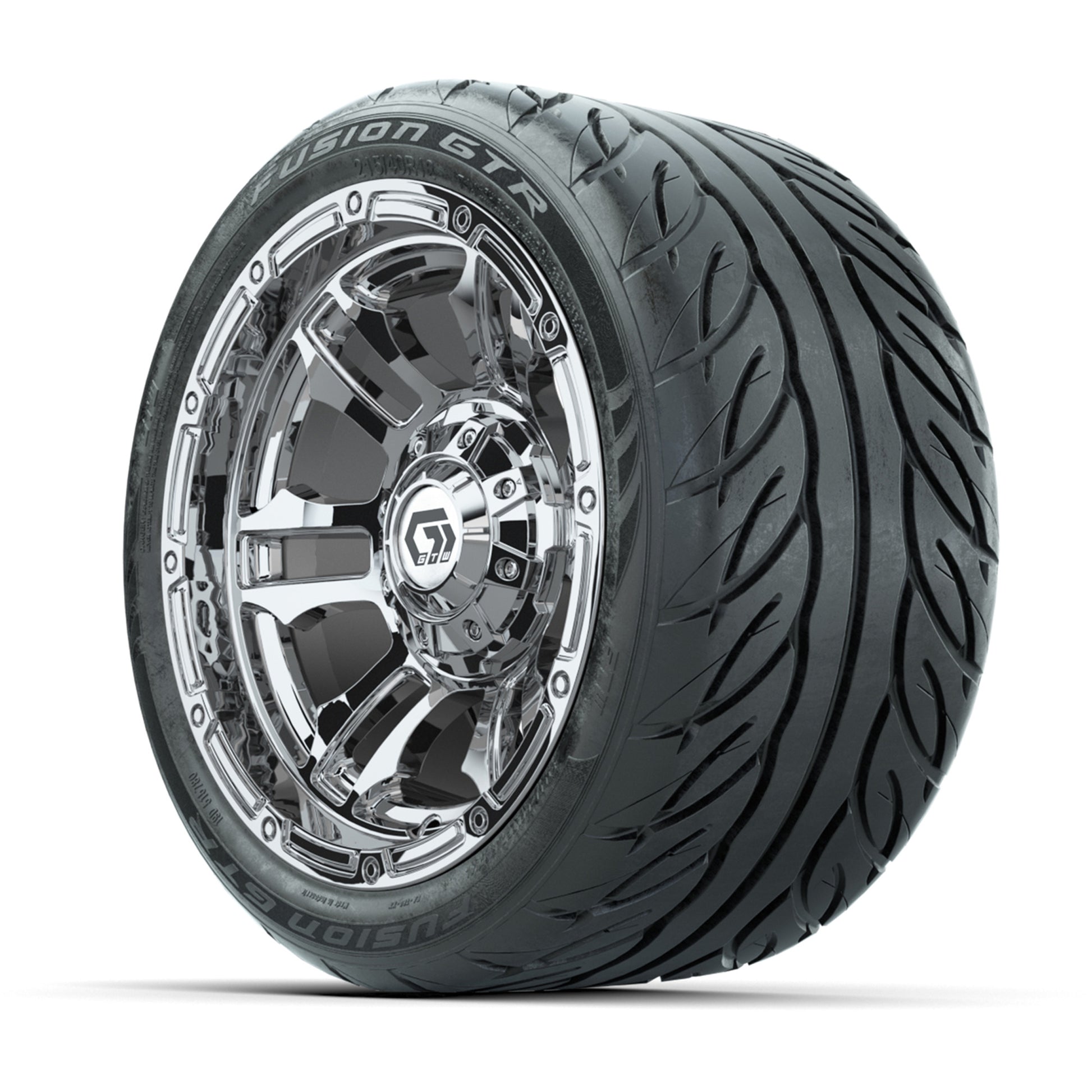GTW® Shogun Chrome 12 in Wheels with 215/40-R12 Fusion GTR Steel Belt Radial Street Tires – Full Set