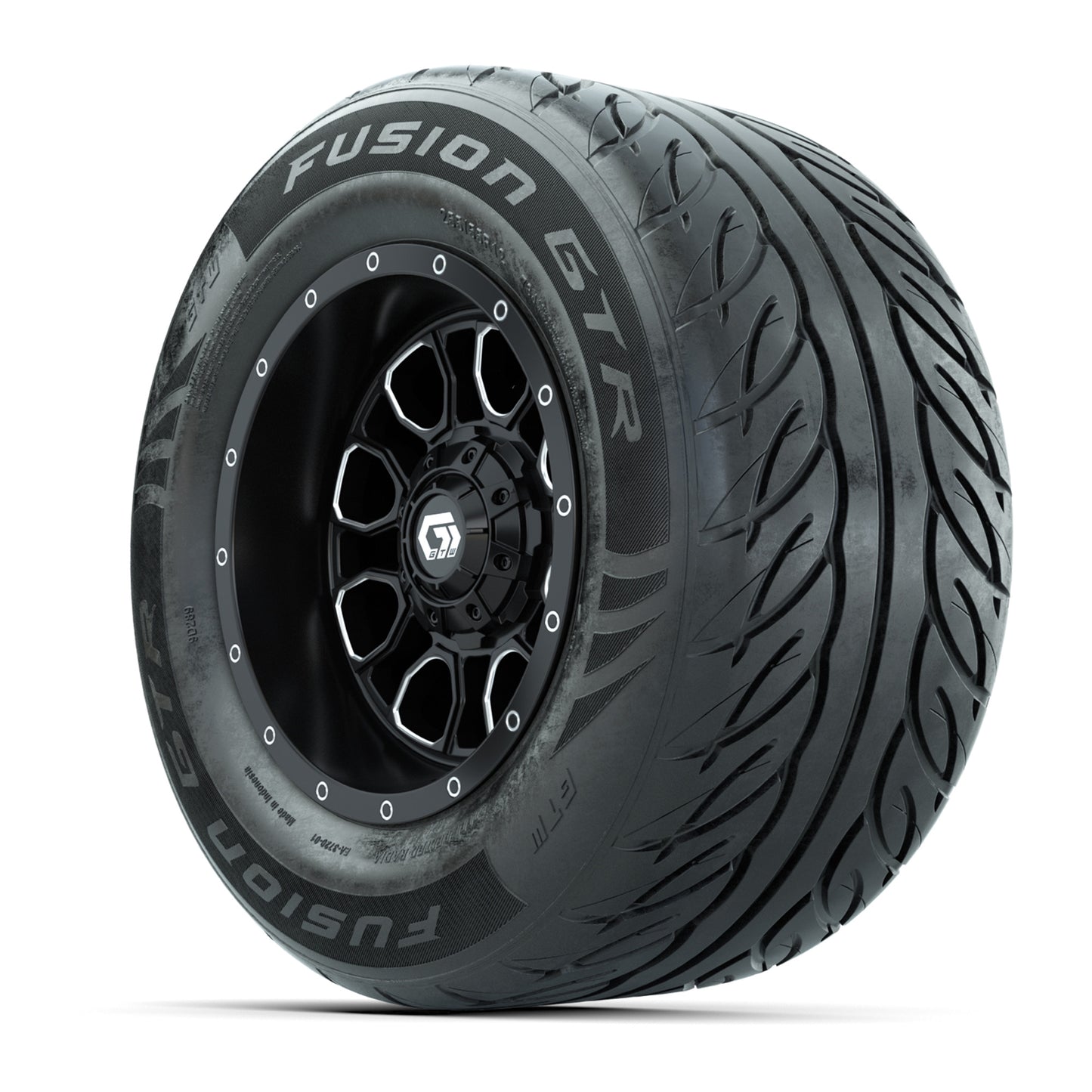 GTW® Volt Black/Machined 12 in Wheels with 255/55-R12 Fusion GTR Steel Belt Radial Street Tires – Full Set