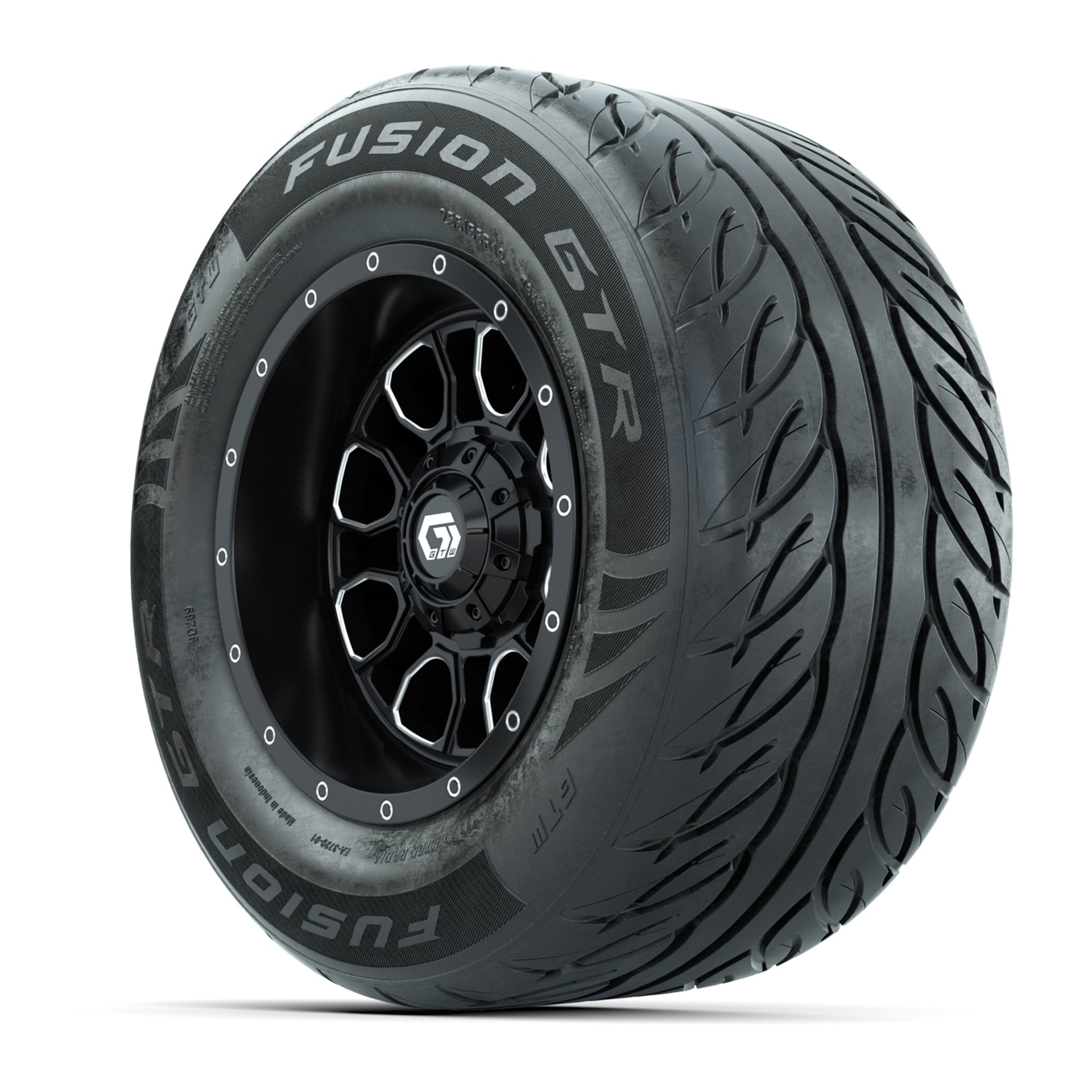 GTW® Volt Black/Machined 12 in Wheels with 255/55-R12 Fusion GTR Steel Belt Radial Street Tires – Full Set