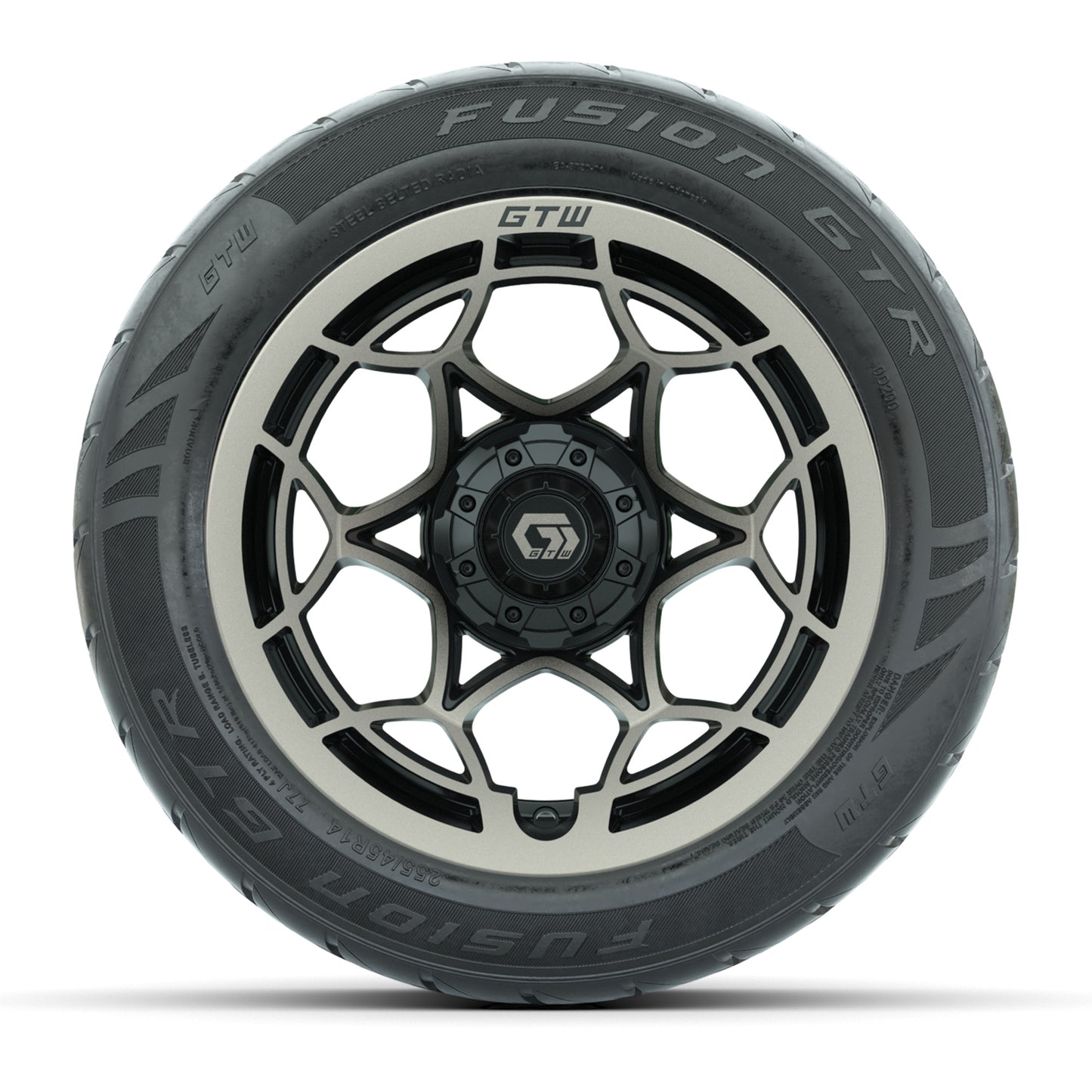 GTW® Nexus Black with Bronze Face 14 in Wheels with 255/45-R14 Fusion GTR Steel Belt Radial Street Tires – Full Set