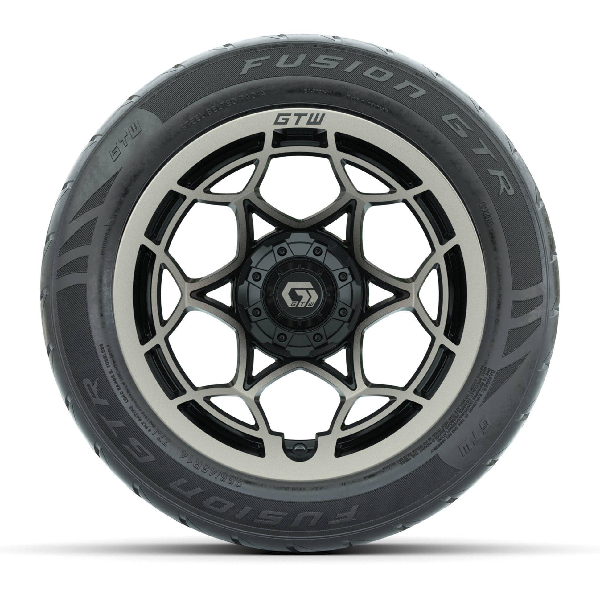 GTW® Nexus Black with Bronze Face 14 in Wheels with 255/45-R14 Fusion GTR Steel Belt Radial Street Tires – Full Set