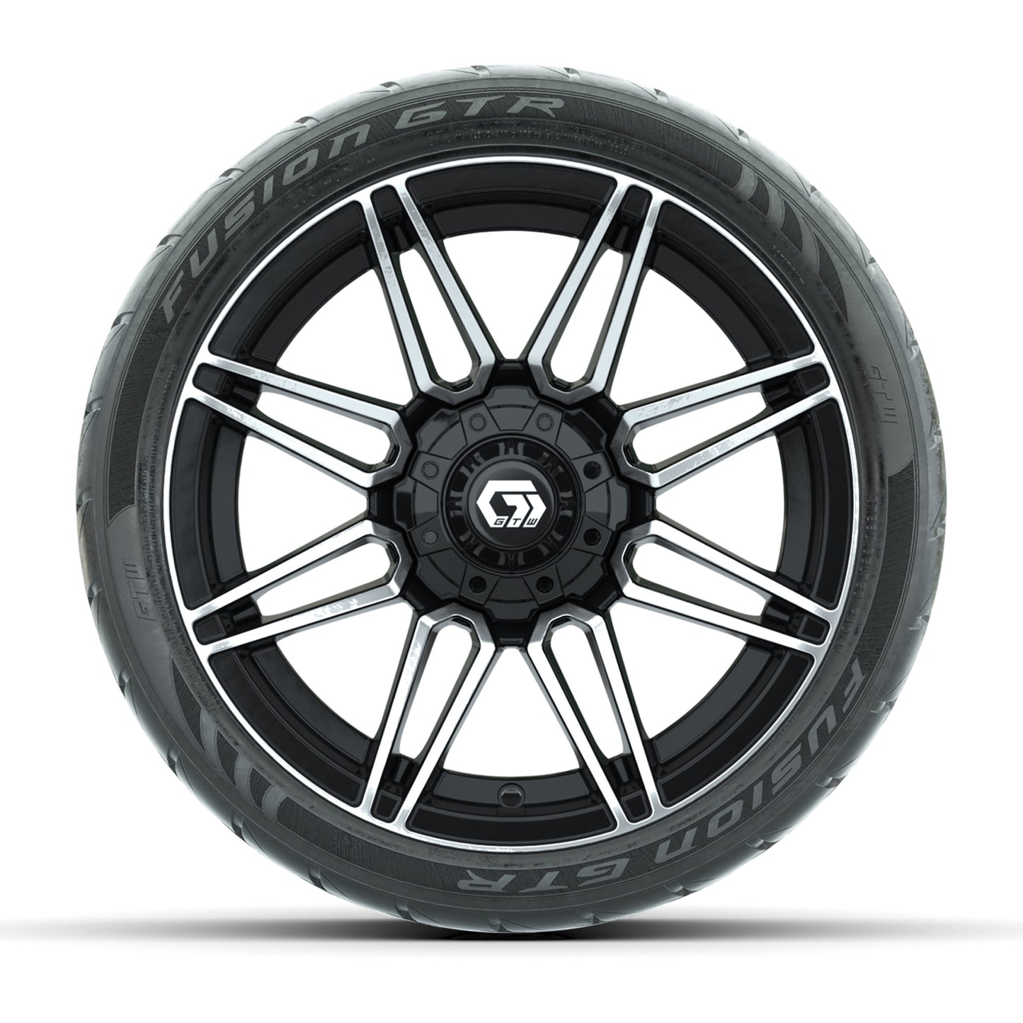 GTW® Stealth Gloss Black/Machined 14 in Wheels with 205/40-R14 Fusion GTR Steel Belted Street Tires – Full Set