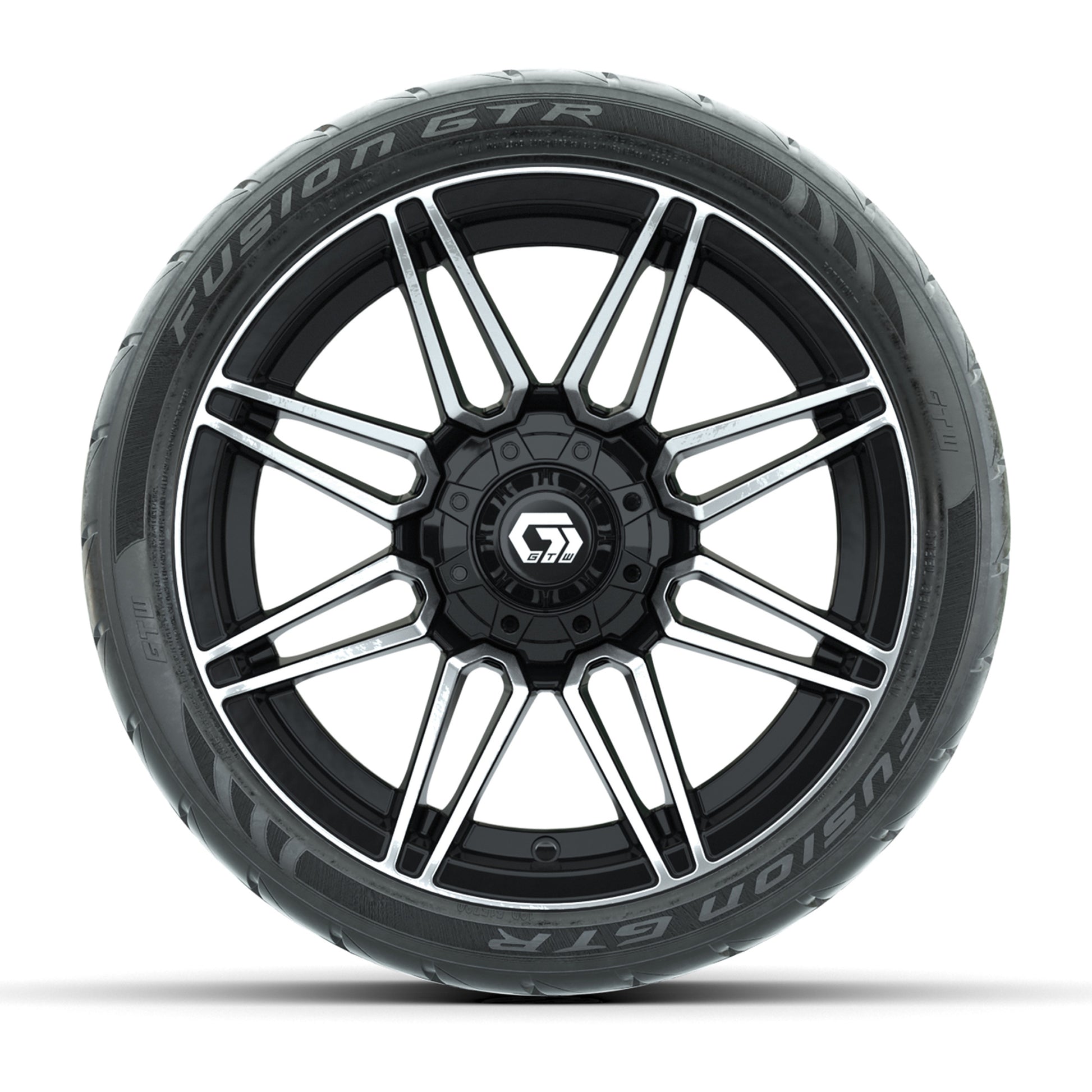 GTW® Stealth Gloss Black/Machined 14 in Wheels with 205/40-R14 Fusion GTR Steel Belted Street Tires – Full Set