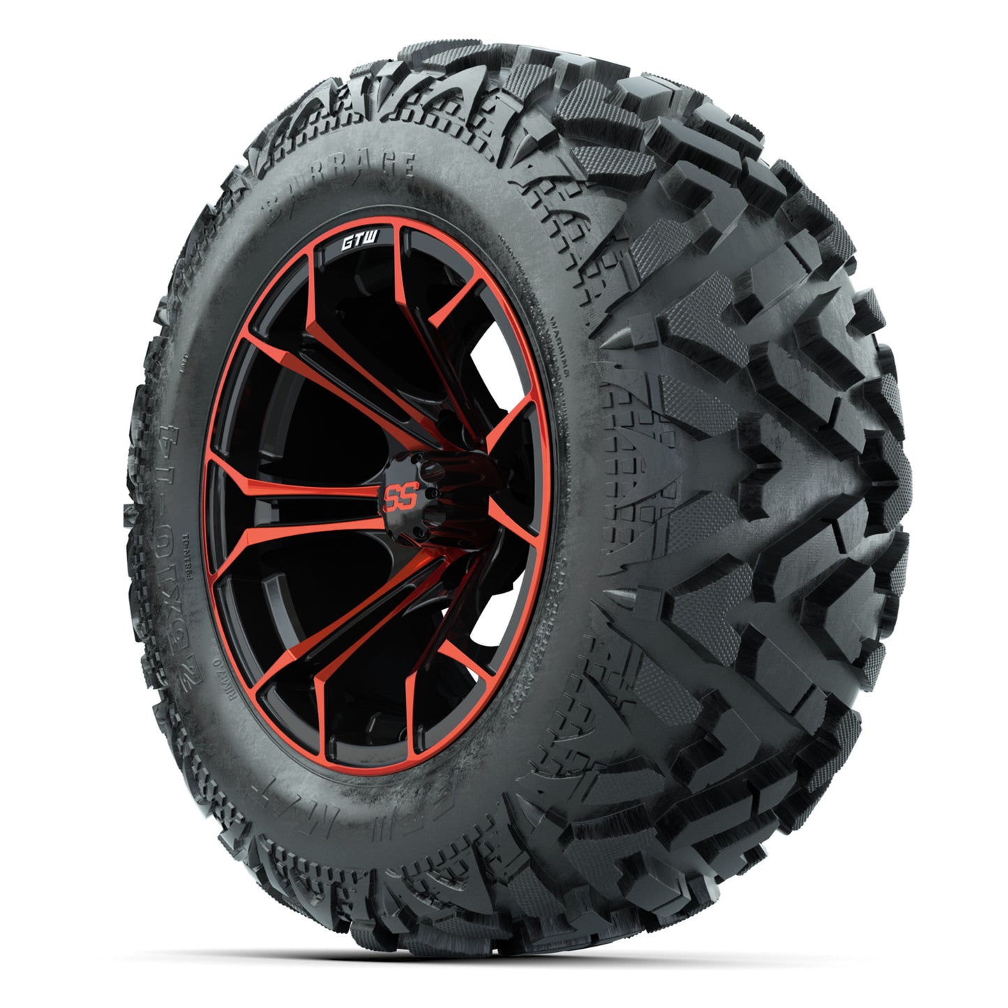 GTW Spyder Black/Red 14 in Wheels with 25x10-14 Barrage Mud Tires – Full Set