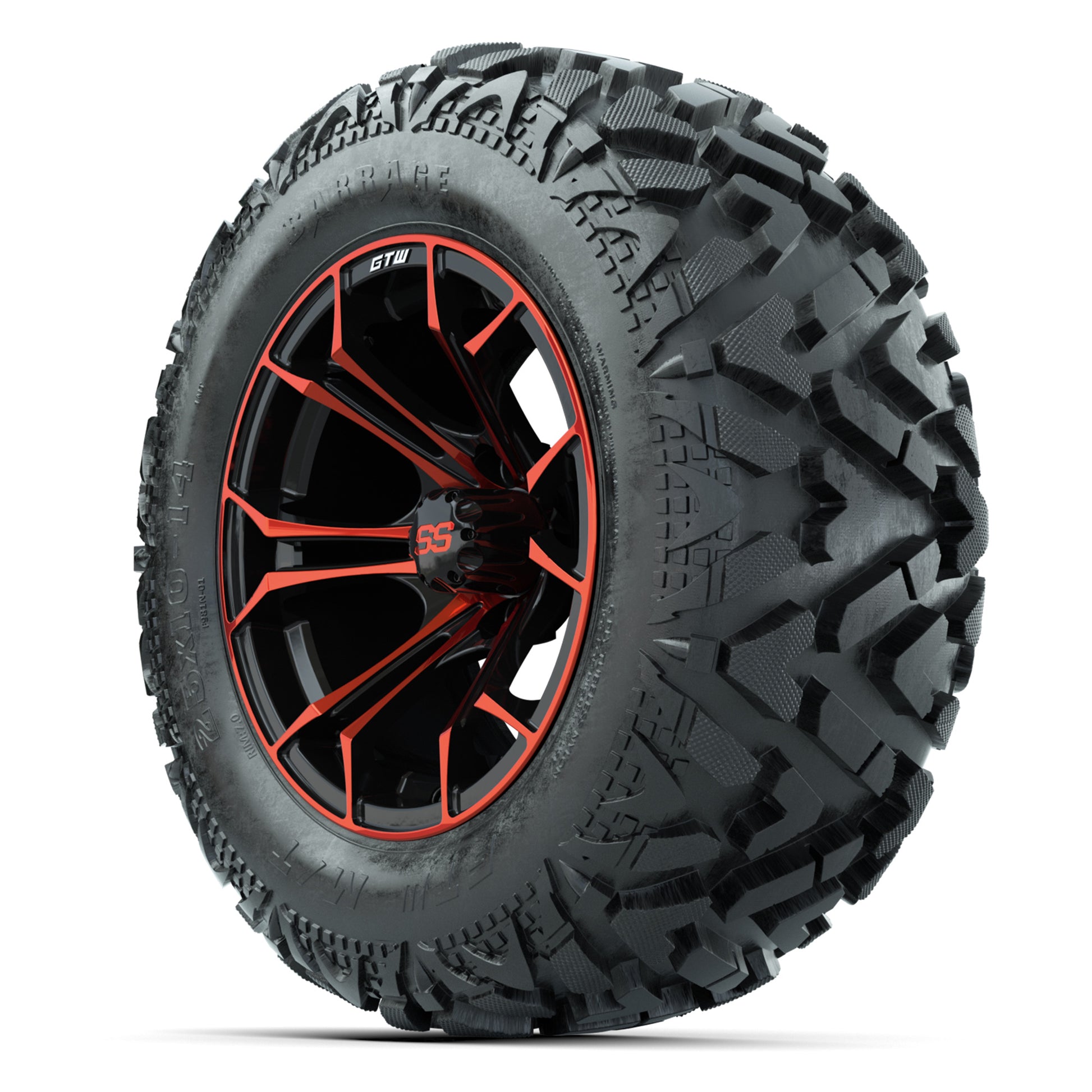 GTW Spyder Black/Red 14 in Wheels with 25x10-14 Barrage Mud Tires – Full Set