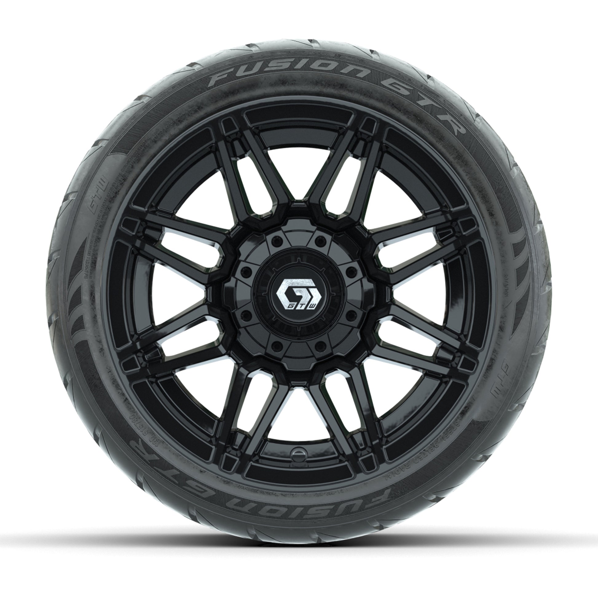 GTW® Stealth Black/Machined 12 in Wheels with 215/40-R12 Fusion GTR Steel Belt Radial Street Tires – Full Set