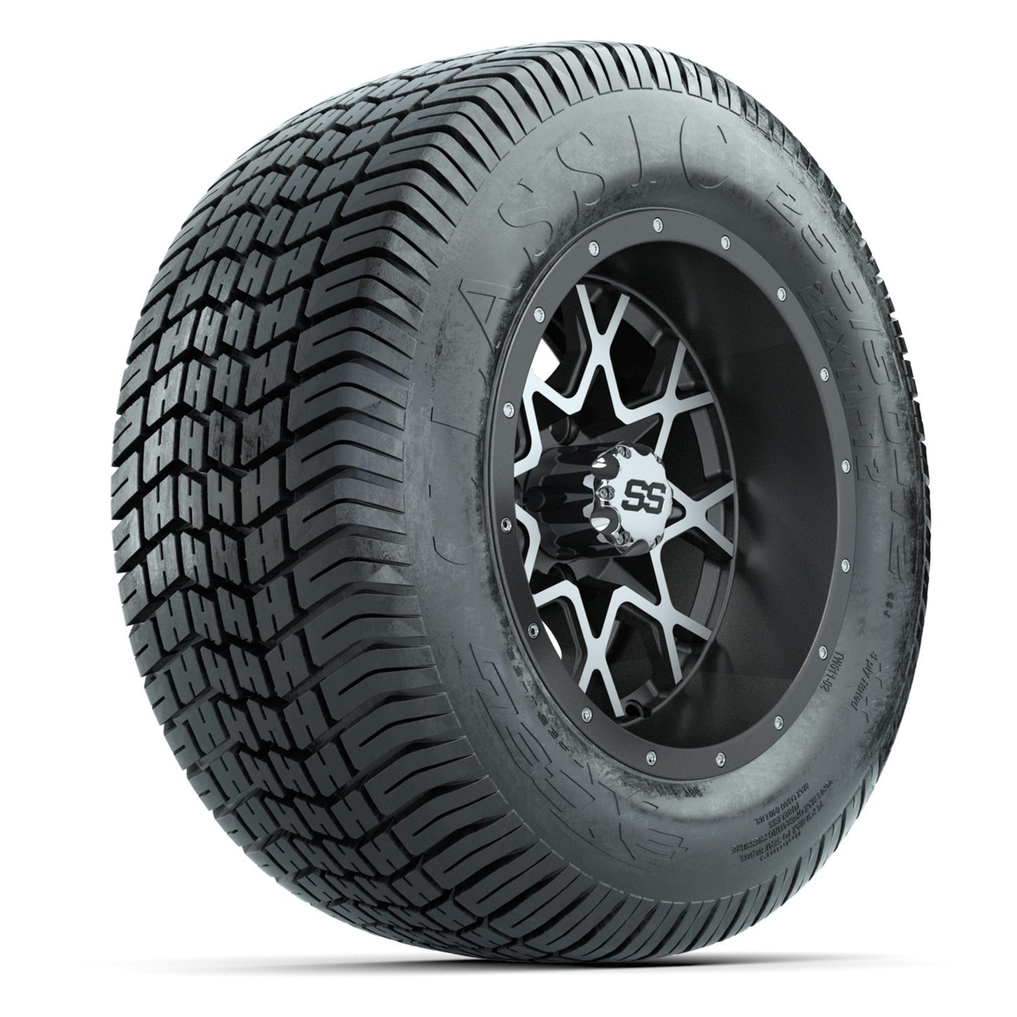 GTW® Vortex 2 Matte Gray/Machined 12 in Wheels with 255/50-12 Excel Classic Street Tires – Full Set