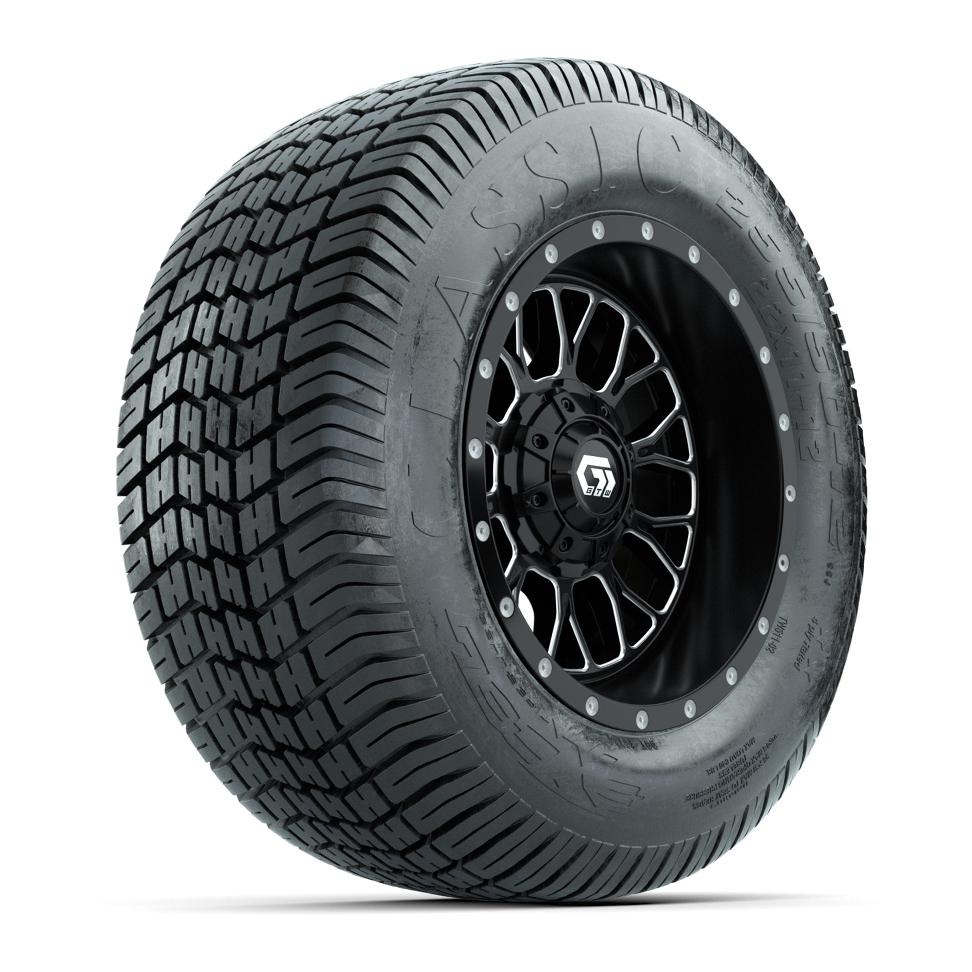 GTW® Helix Black/Machined 12 in Wheels with 255/50-12 Excel Classic Street Tires – Full Set