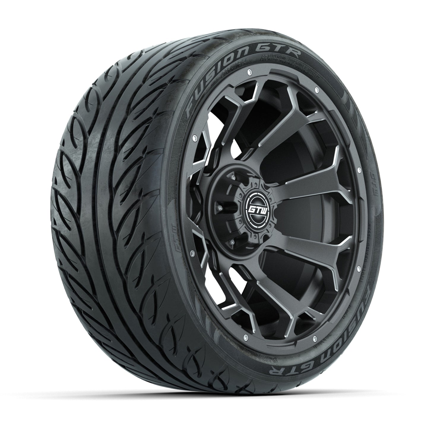 GTW® Raven Matte Gray/Ball Milled 14 in Wheels with 205/40-R14 Fusion GTR Steel Belt Radial Street Tires – Full Set