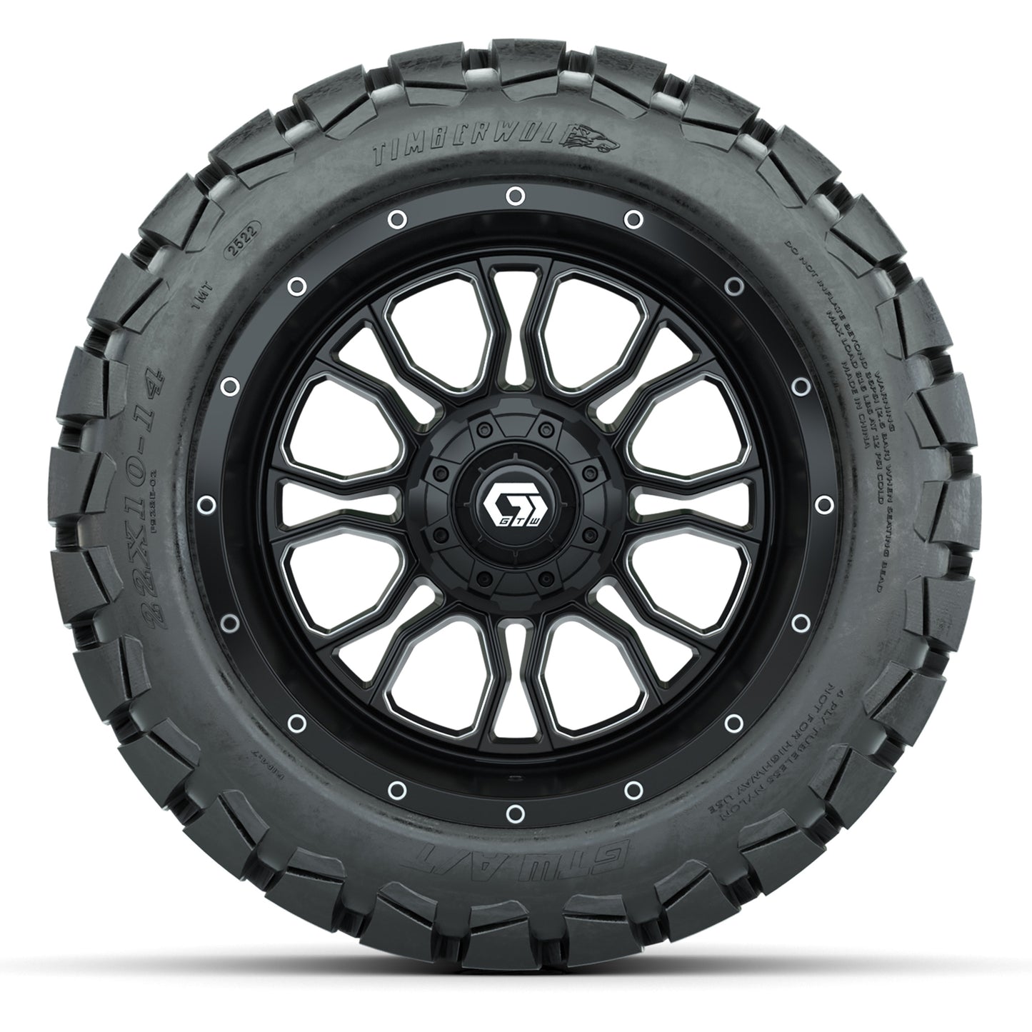 GTW Volt Black/Machined 14 in Wheels with 22X10-14 Timberwolf All-Terrain Tires – Full Set