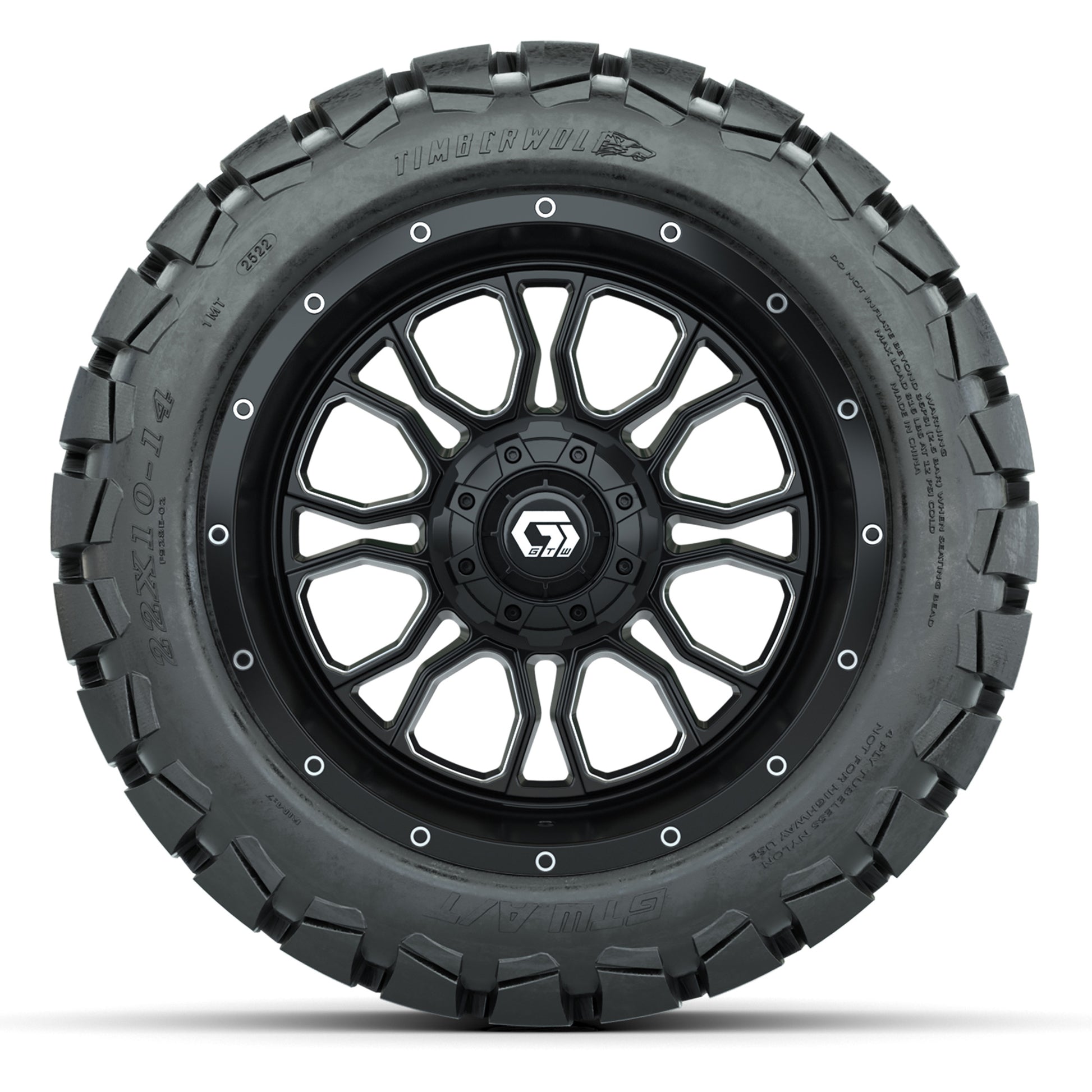 GTW Volt Black/Machined 14 in Wheels with 22X10-14 Timberwolf All-Terrain Tires – Full Set