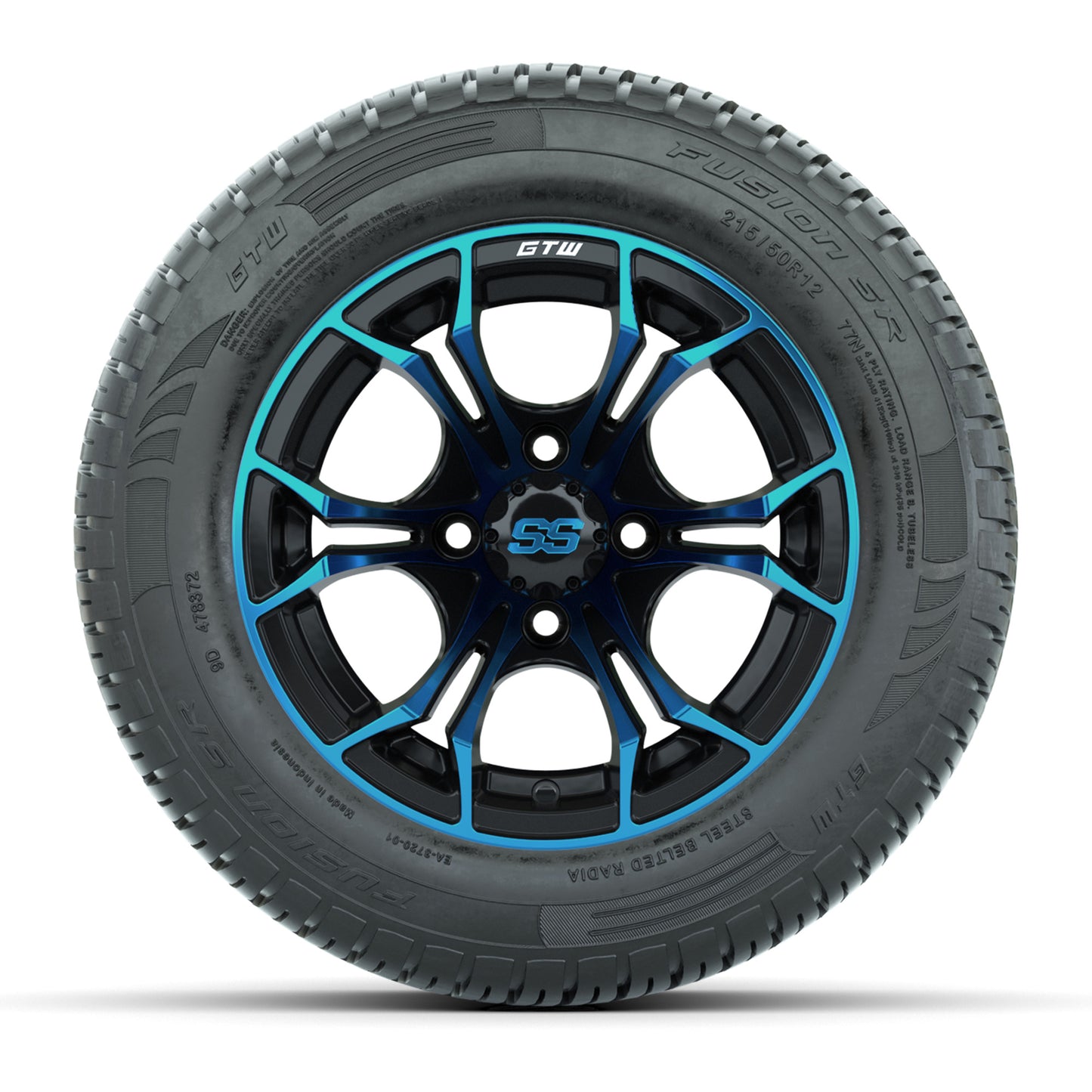 GTW Spyder Blue/Black 12 in Wheels with 215/50-R12 Fusion S/R Street Tires – Full Set