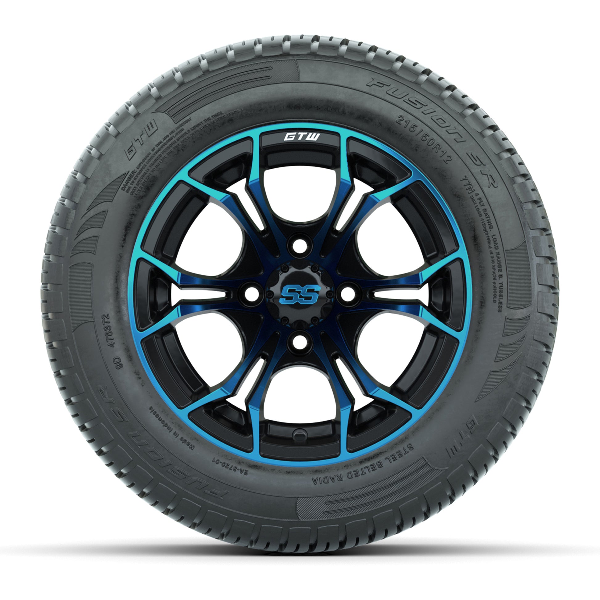 GTW Spyder Blue/Black 12 in Wheels with 215/50-R12 Fusion S/R Street Tires – Full Set