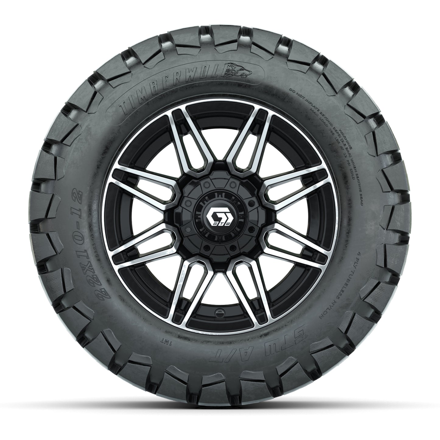 GTW® Stealth Black/Machined 12 in Wheels with 22x10-12 Timberwolf All-Terrain Tires – Full Set