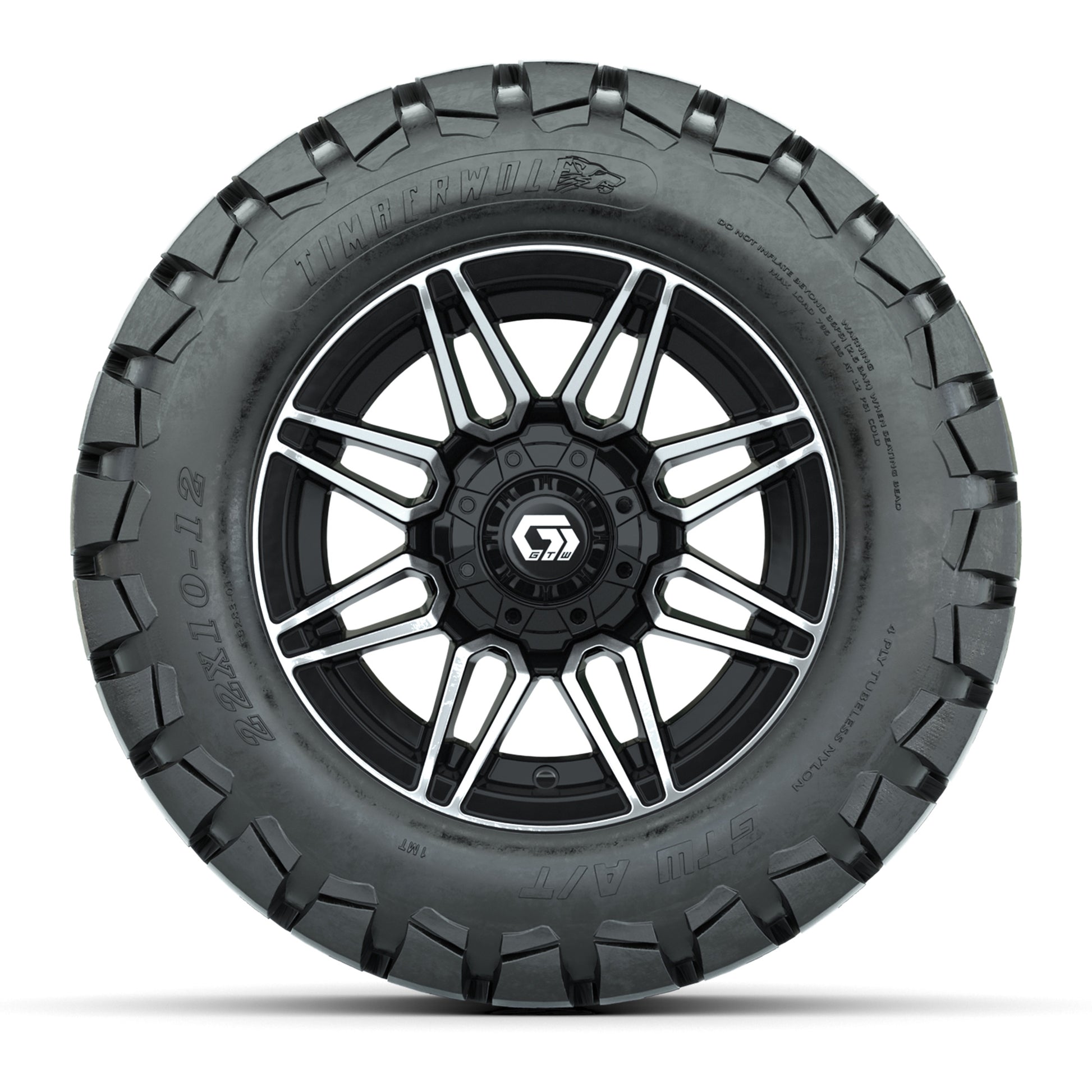 GTW® Stealth Black/Machined 12 in Wheels with 22x10-12 Timberwolf All-Terrain Tires – Full Set
