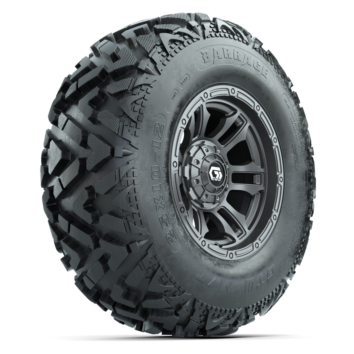 GTW® Shogun Gunmetal 12 in Wheels with 25X10-12 Barrage Mud Tires – Full Set