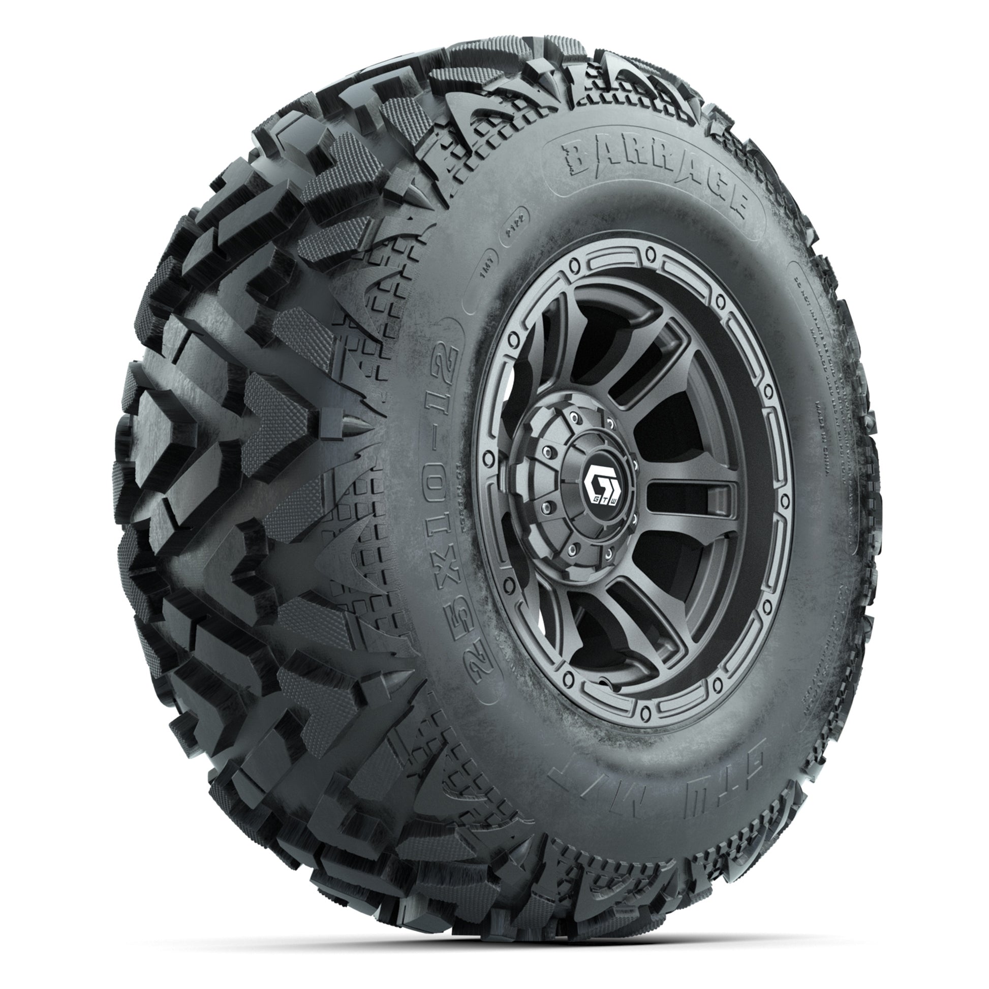 GTW® Shogun Gunmetal 12 in Wheels with 25X10-12 Barrage Mud Tires – Full Set