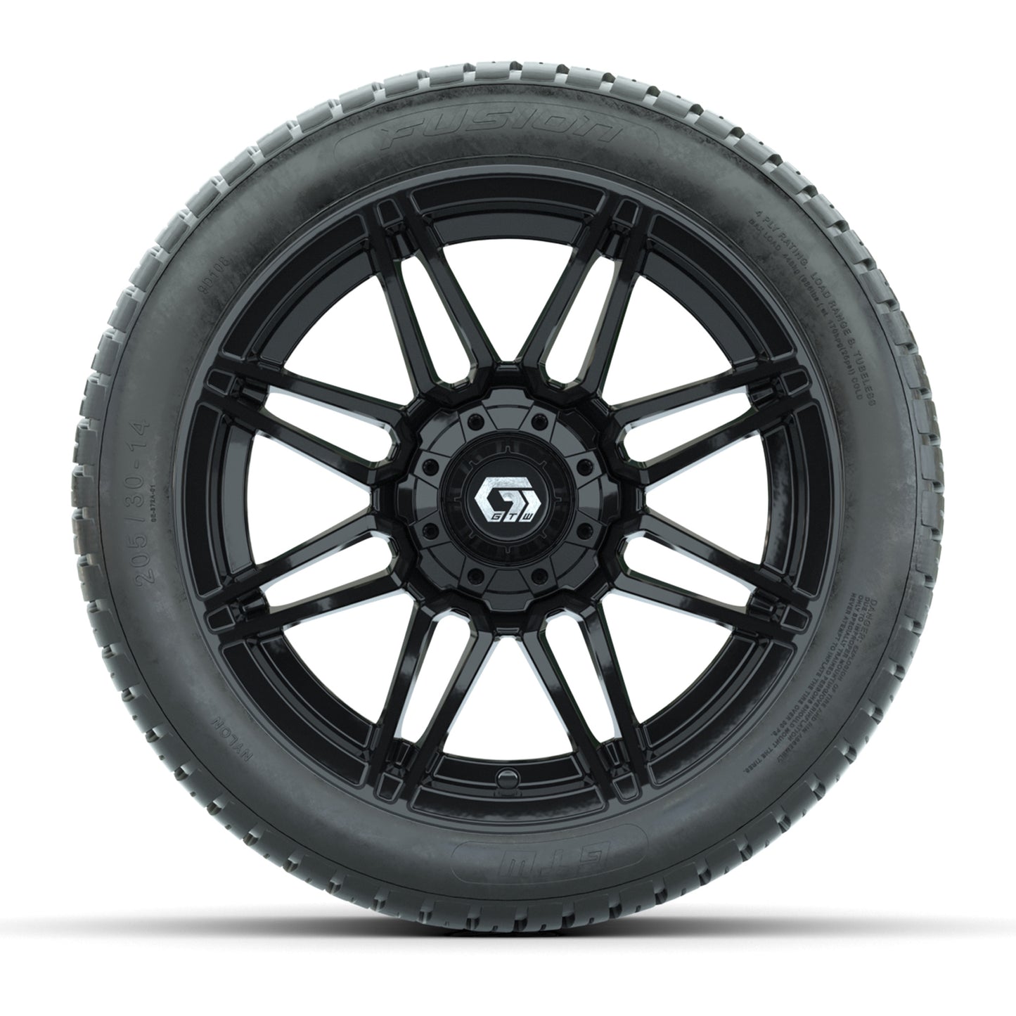 GTW® Stealth Gloss Black 14 in Wheels with 205/30-14 Fusion Street Tires – Full Set