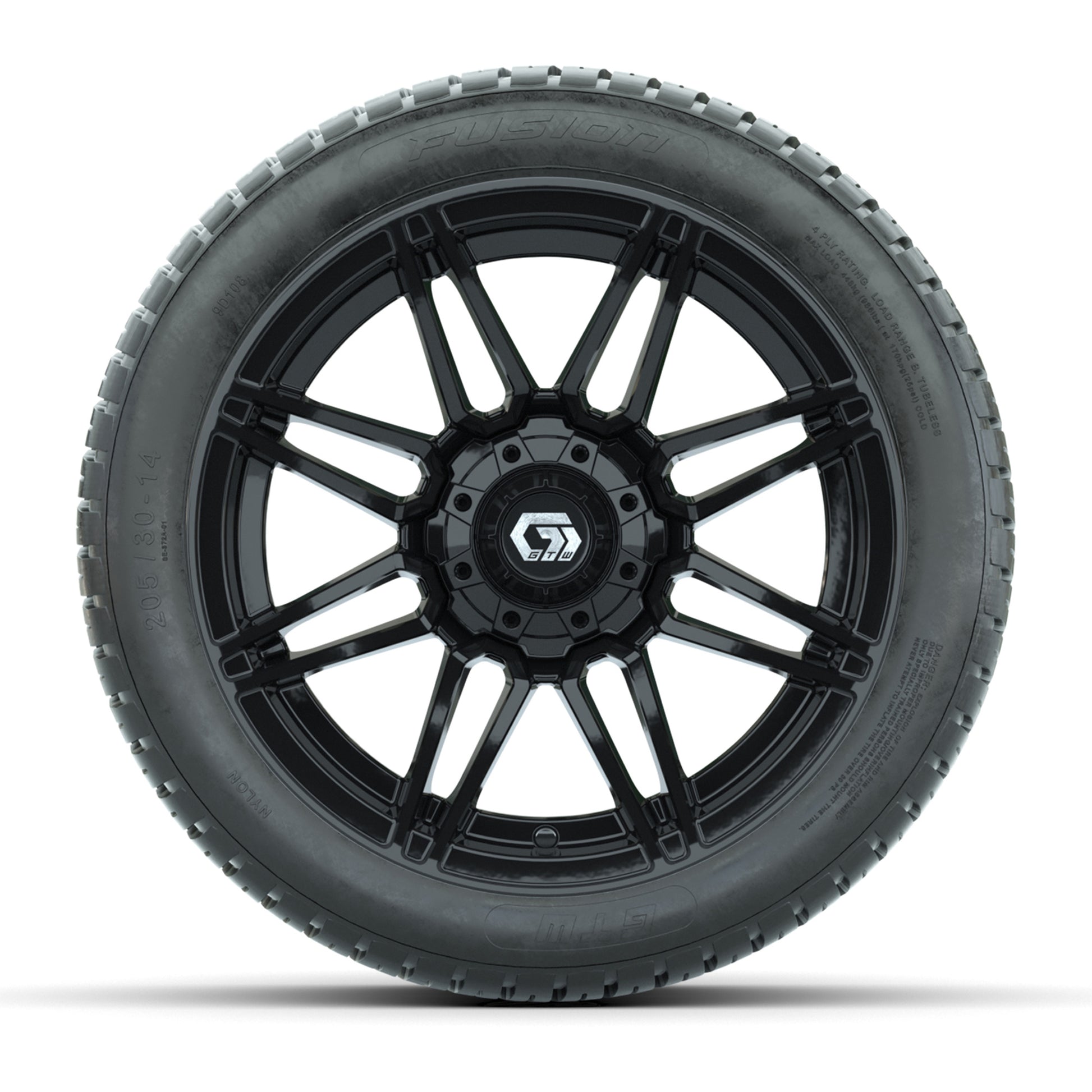 GTW® Stealth Gloss Black 14 in Wheels with 205/30-14 Fusion Street Tires – Full Set