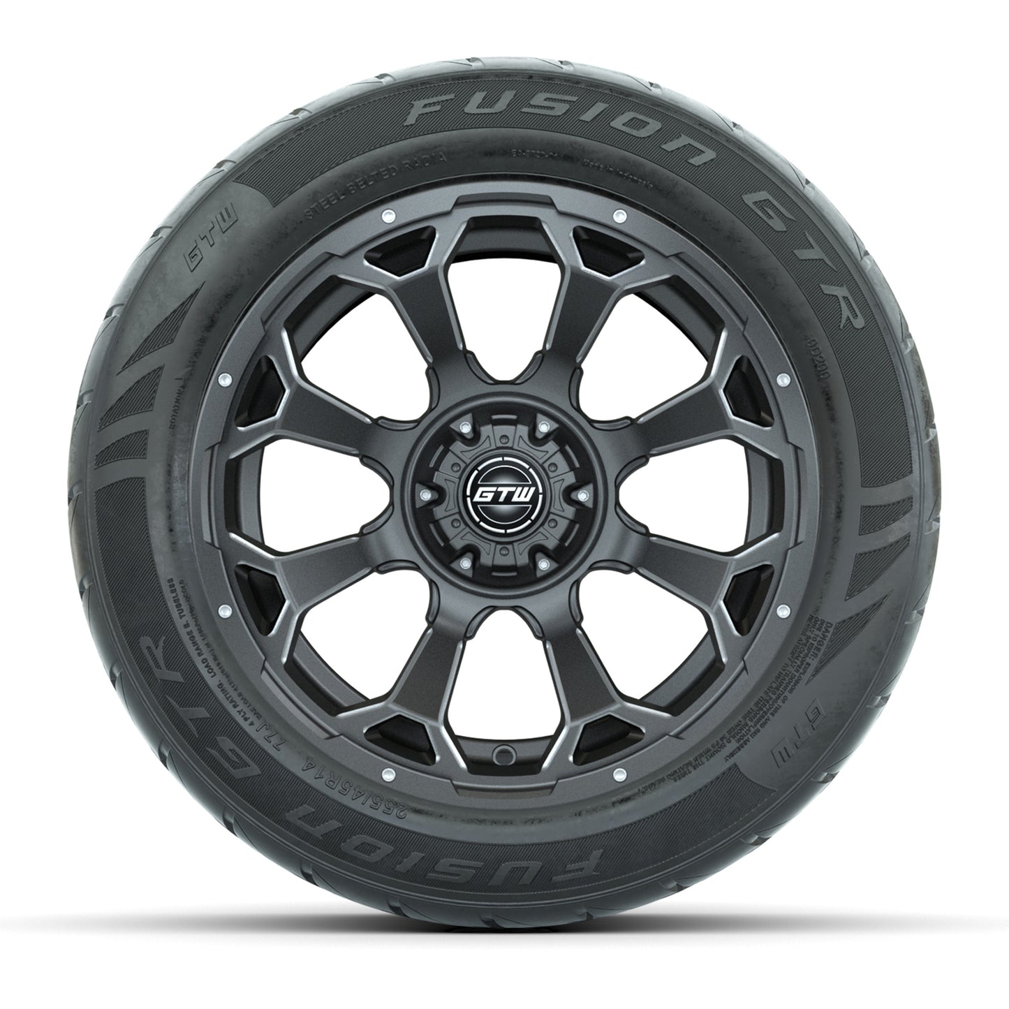 GTW® Raven Matte Gray/Ball Milled 14 in Wheels with 255/45-R14 Fusion GTR Steel Belt Radial Street Tires – Full Set