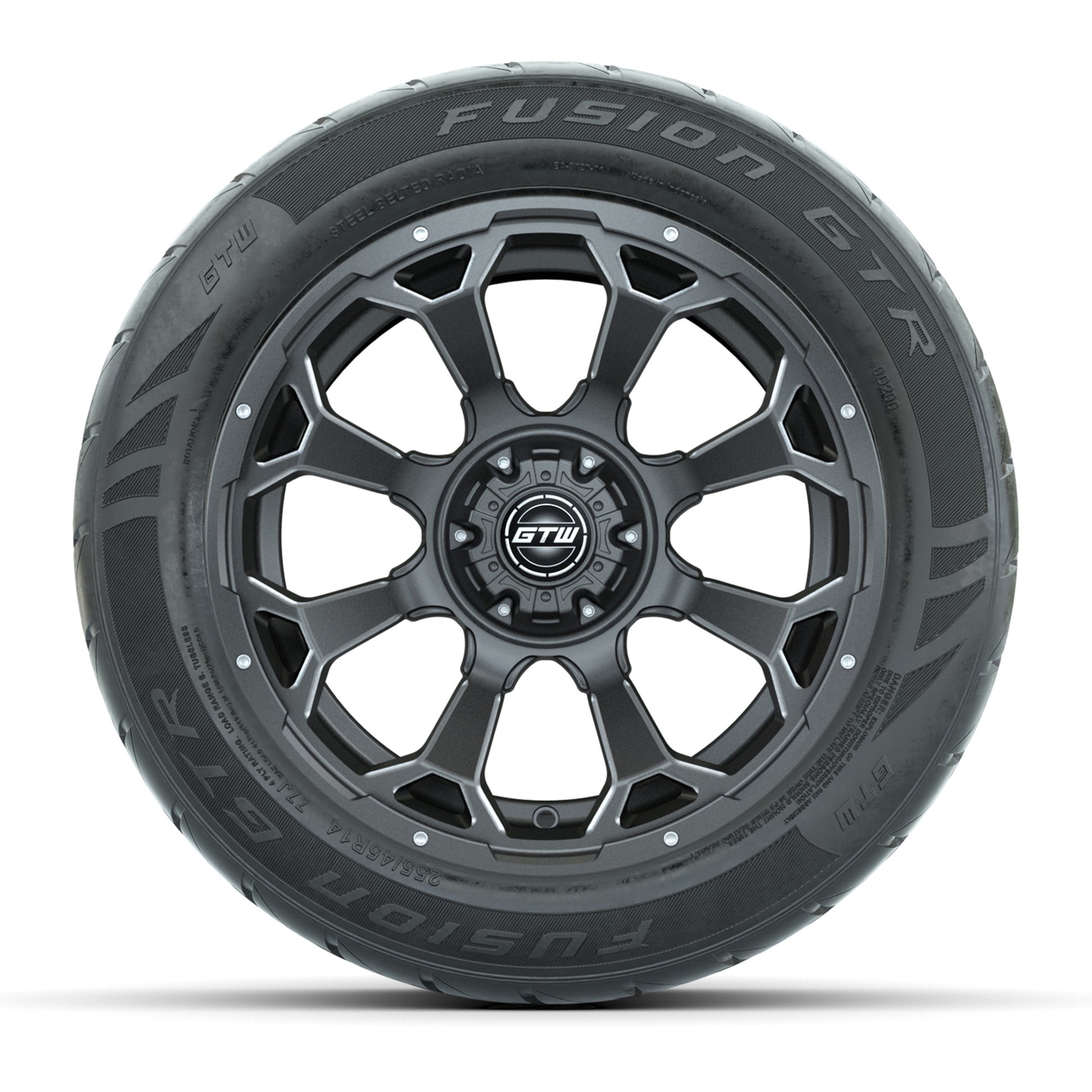 GTW® Raven Matte Gray/Ball Milled 14 in Wheels with 255/45-R14 Fusion GTR Steel Belt Radial Street Tires – Full Set