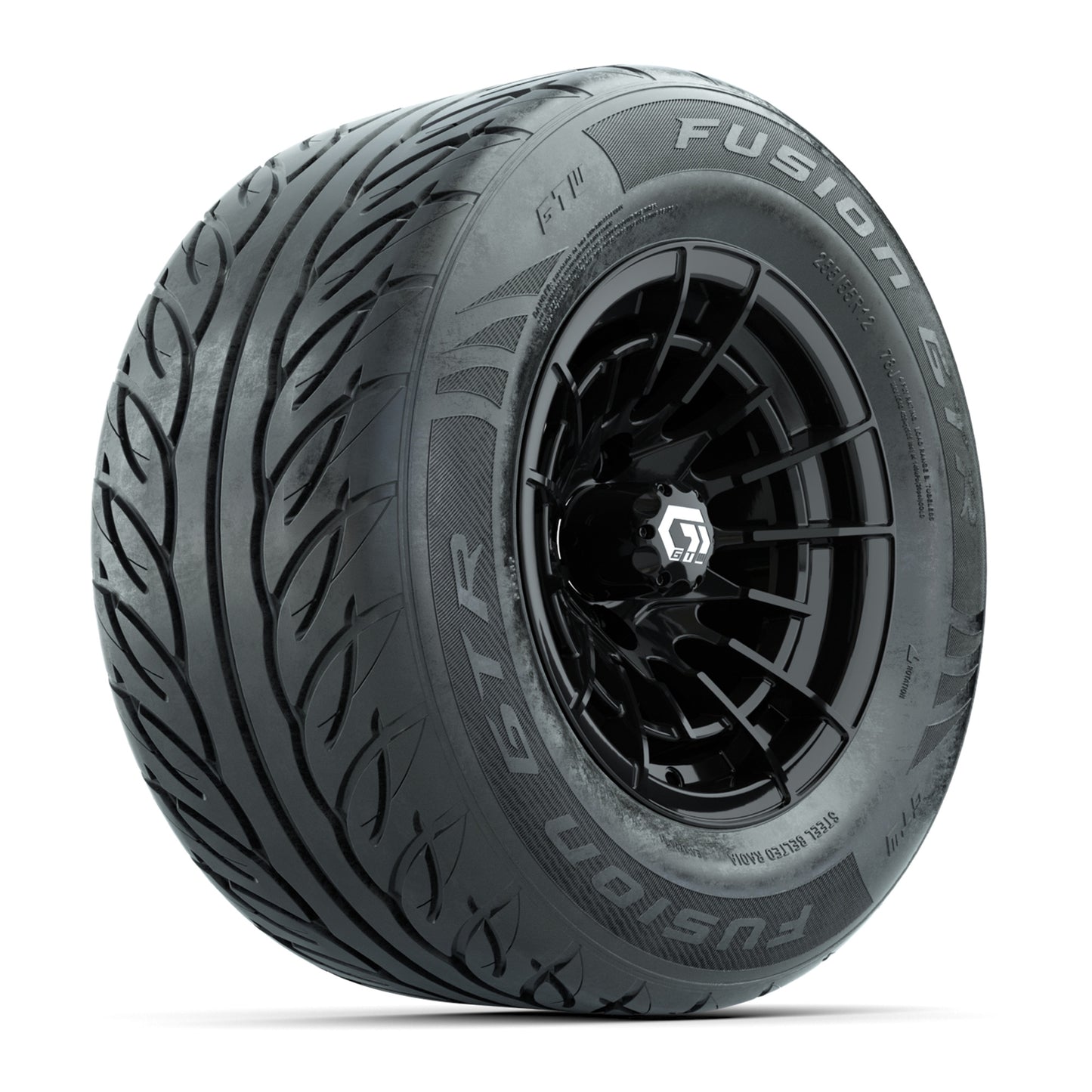 GTW® Boost Gloss Black 12 in Wheels with 255/55-R12 Fusion GTR Steel Belt Radial Street Tires - Full Set