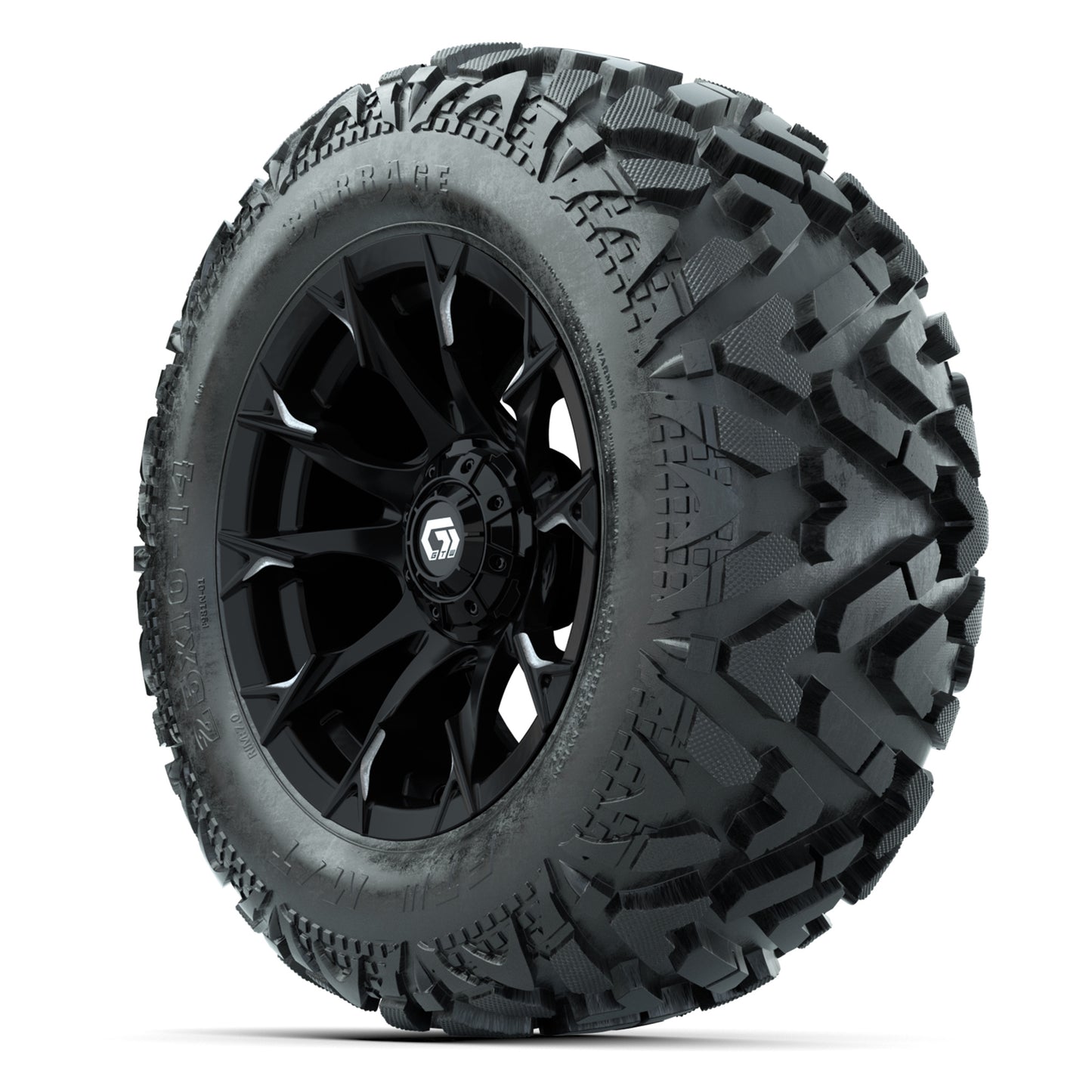 GTW Diablo Gloss Black/Machined 14 in Wheels with 25x10-14 Barrage Mud Tires – Full Set