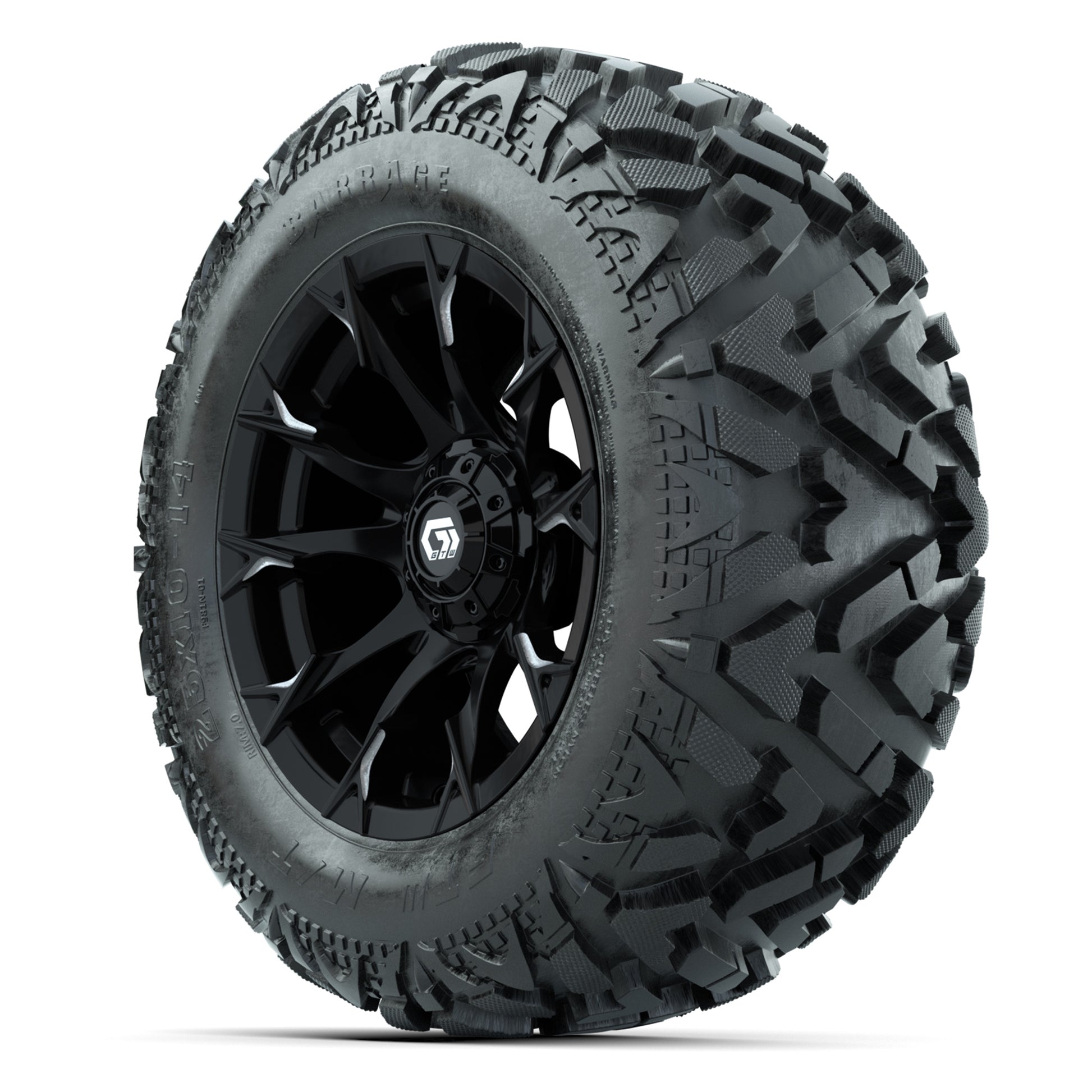 GTW Diablo Gloss Black/Machined 14 in Wheels with 25x10-14 Barrage Mud Tires – Full Set