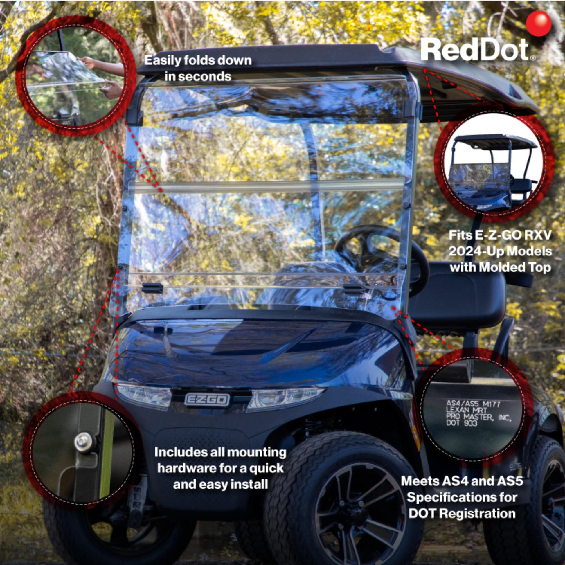 RedDot EZGO RXV with Blow Molded Top Clear DOT Folding Windshield (Years 2024-Up)