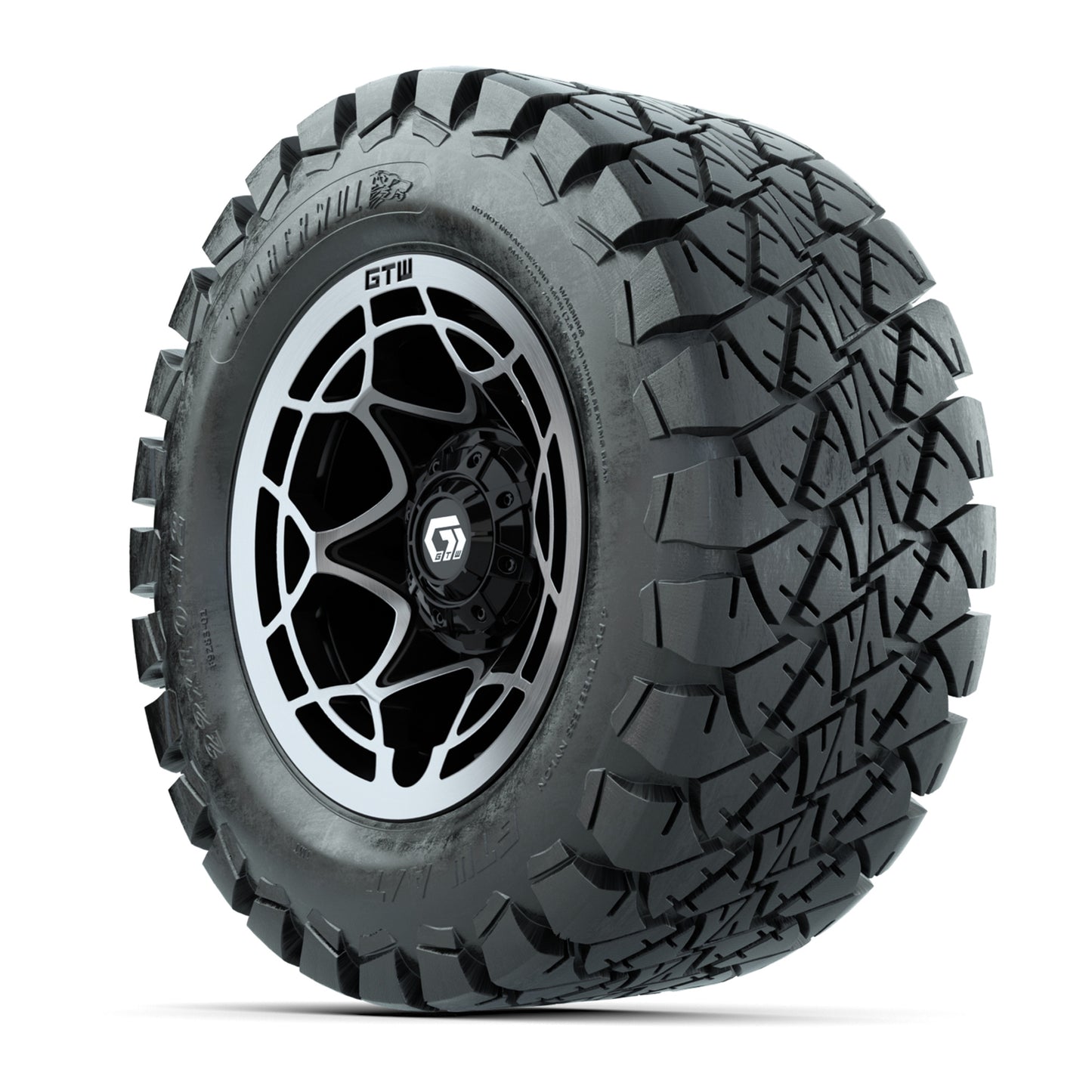 GTW® Nexus Gloss Black 12 in Wheels with 22x10-12 Timberwolf All-Terrain Tires – Full Set
