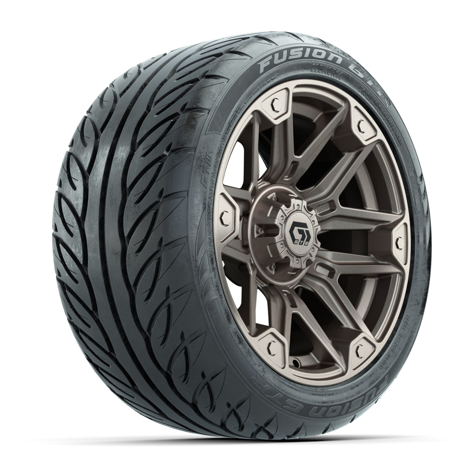GTW® Graffiti Bronze/Black 14 in Wheels with 225/40-R14 Fusion GTR Steel Belt Radial Street Tires – Full Set