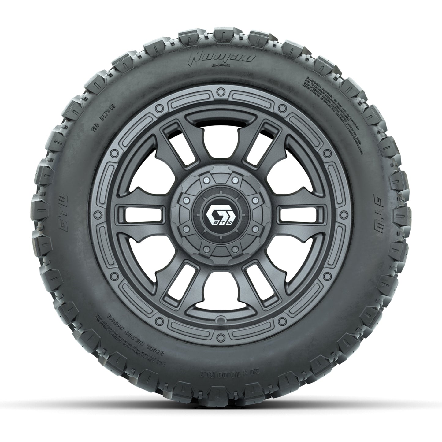 GTW® Shogun Gunmetal 12 in Wheels with 20X10-12 Nomad Steel Belt Radial All-Terrain Tires – Full Set