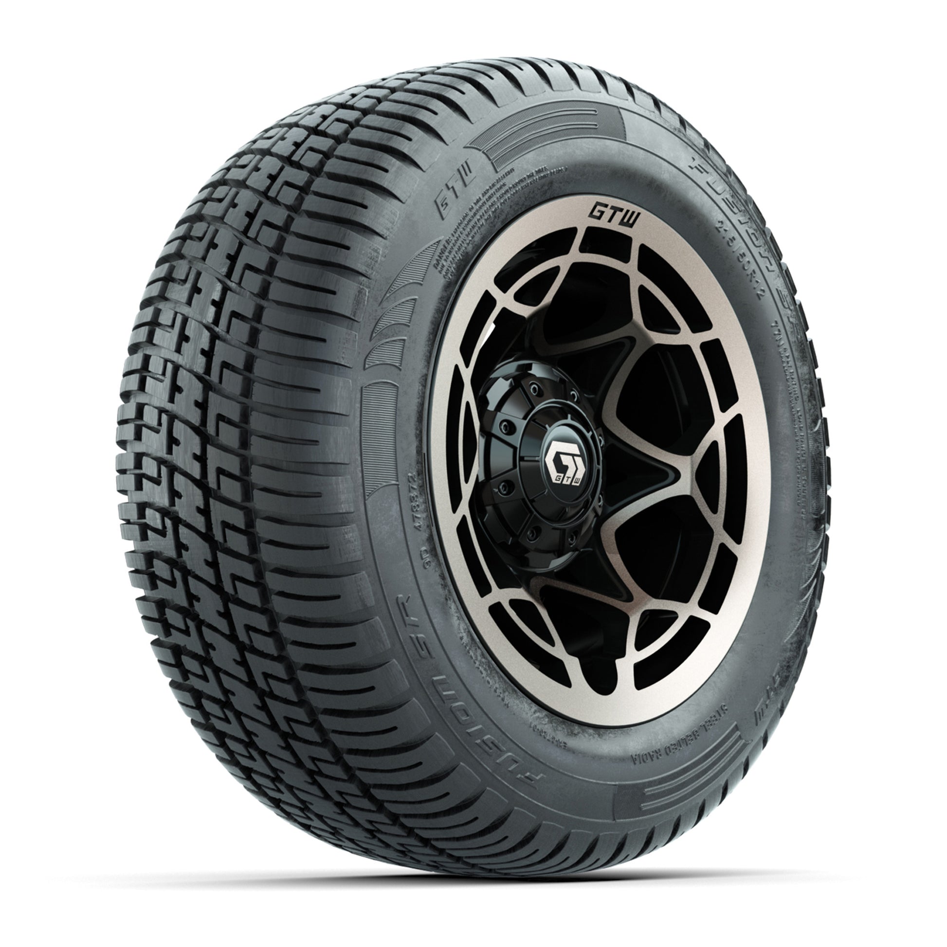 GTW® Nexus Gloss Black/Satin Bronze 12 in Wheels with 215/50-R12 Fusion S/R Steel Belt Radial Tires – Full Set