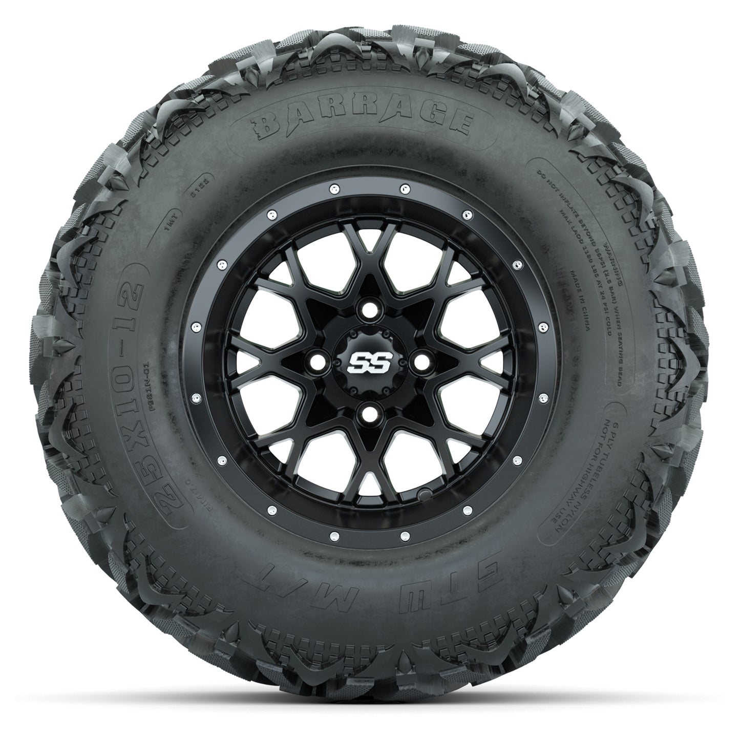 GTW® Vortex 2 Matte Black 12 in Wheels with 25X10-12 Barrage Mud Tires – Full Set