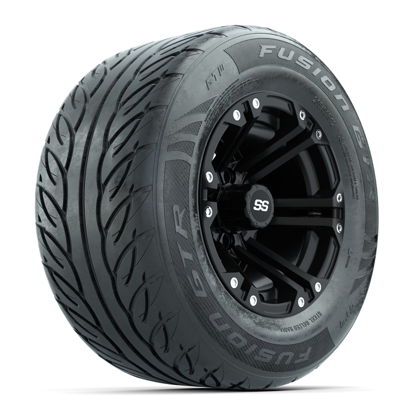 GTW® Specter Matte Black 12 in Wheels with 255/55-R12 Fusion GTR Steel Belt Radial Street Tires – Full Set