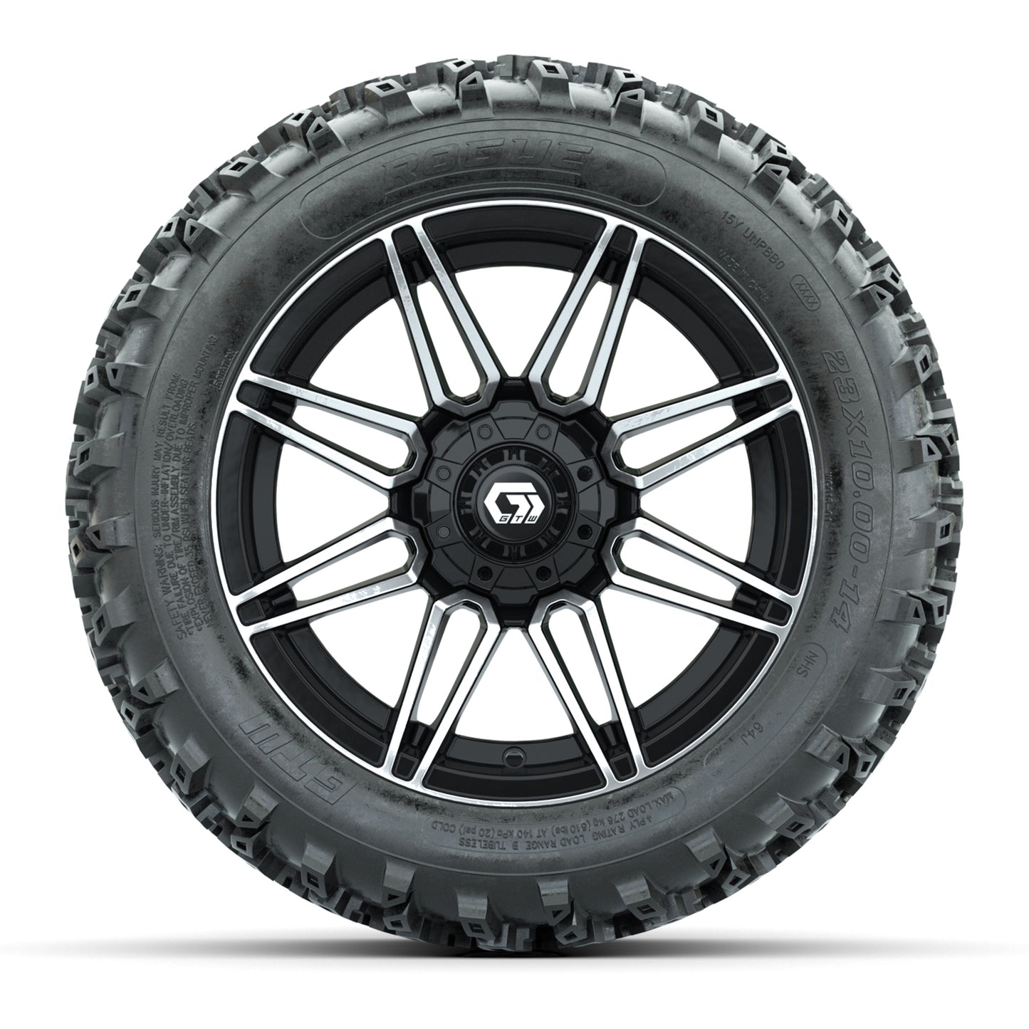 GTW® Stealth Black/Machined 14 in Wheels with 23X10-14 Rogue All-Terrain Tires – Full Set