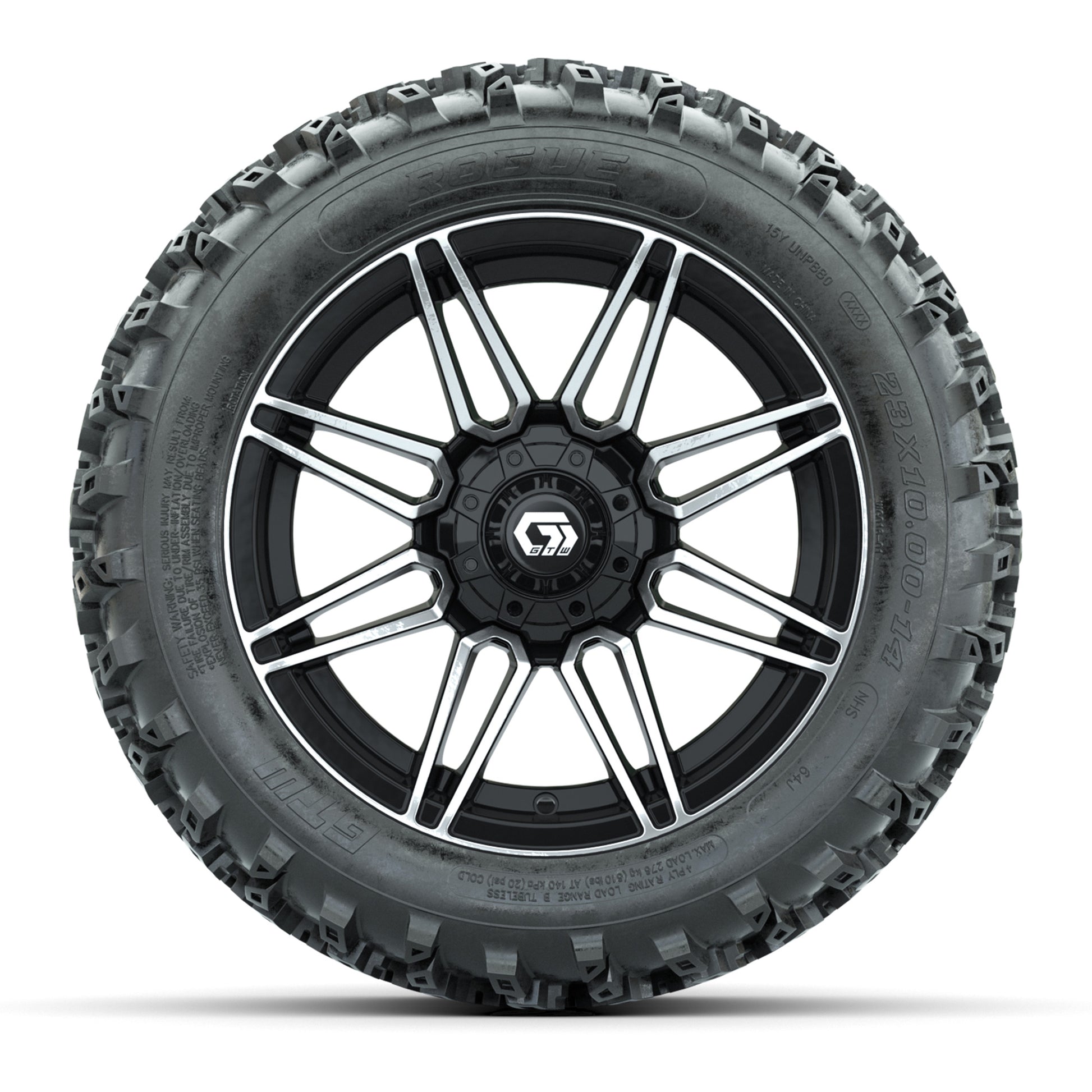 GTW® Stealth Black/Machined 14 in Wheels with 23X10-14 Rogue All-Terrain Tires – Full Set