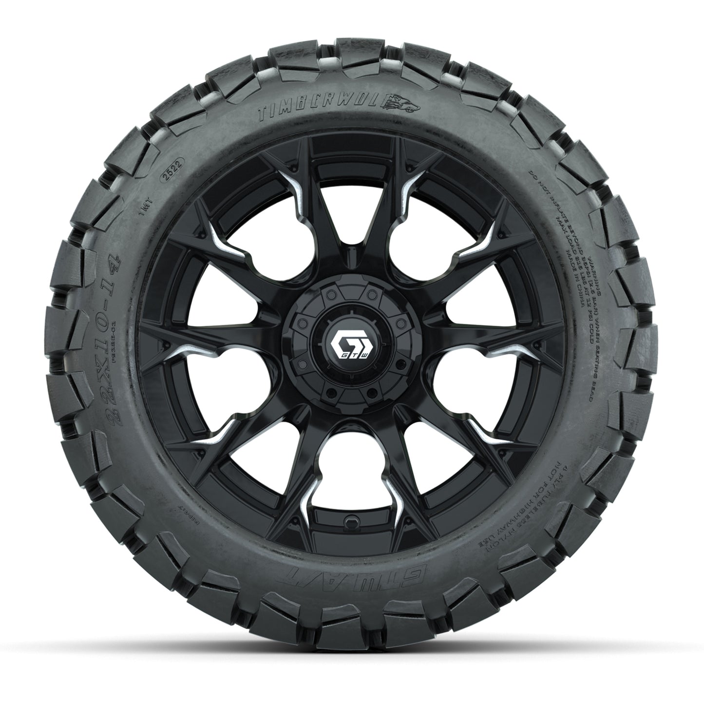 GTW® Diablo Gloss Black/Machined 14 in Wheels with 22x10-14 Timberwolf All-Terrain Tires – Full Set