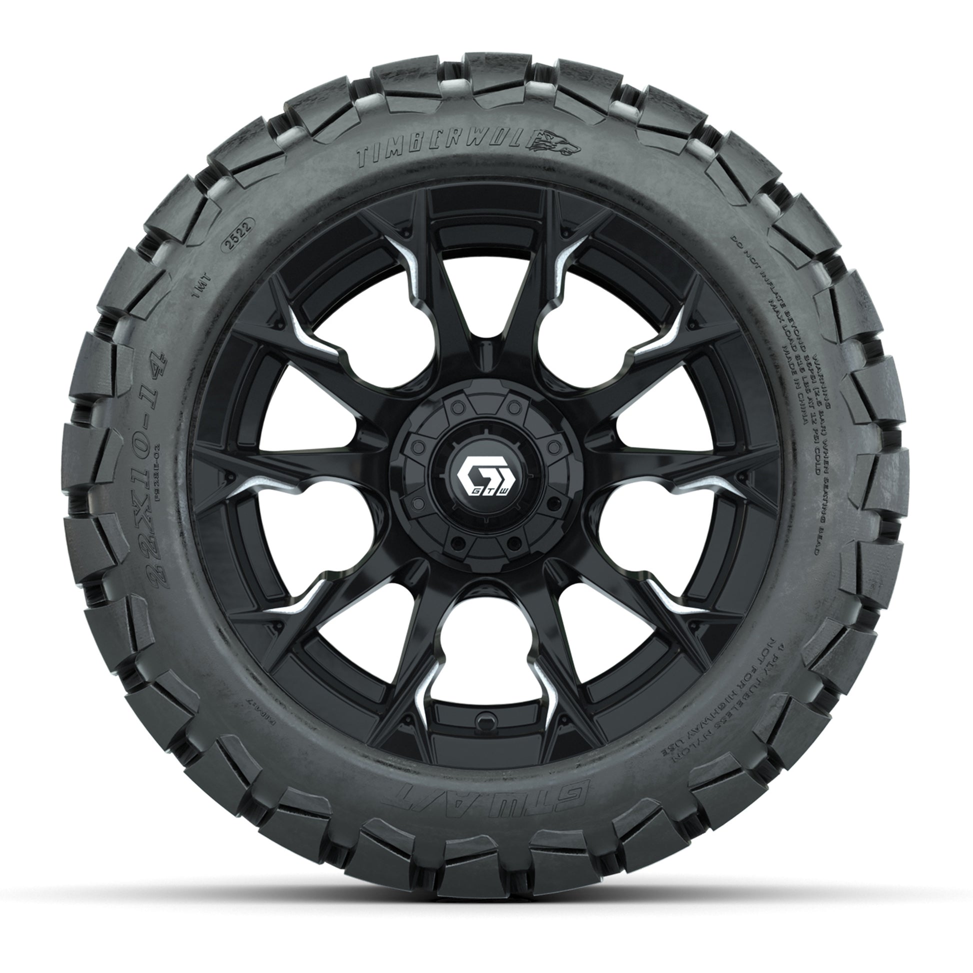 GTW® Diablo Gloss Black/Machined 14 in Wheels with 22x10-14 Timberwolf All-Terrain Tires – Full Set