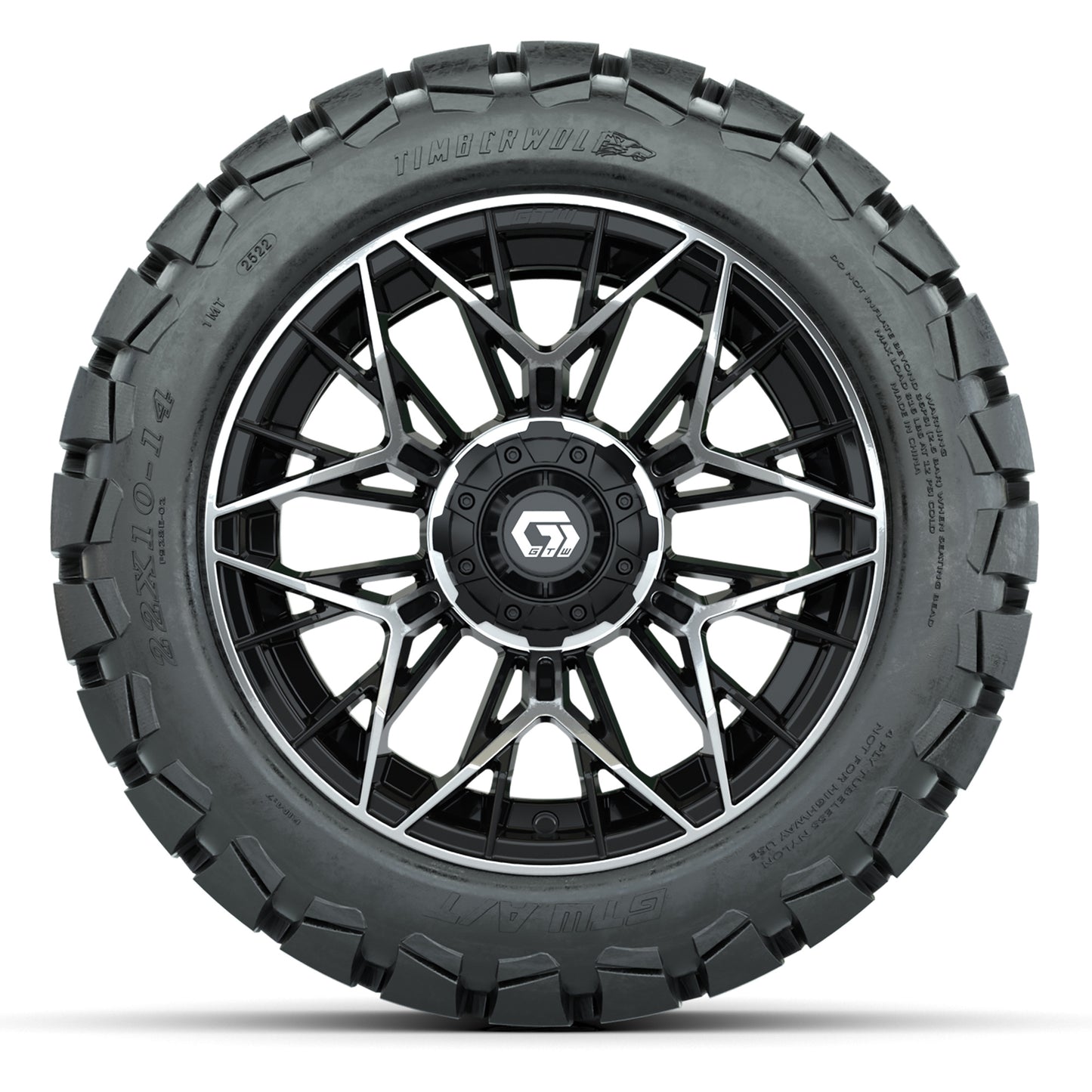 GTW Stellar Black/Machined 14 in Wheels with 22X10-14 Timberwolf All-Terrain Tires – Full Set