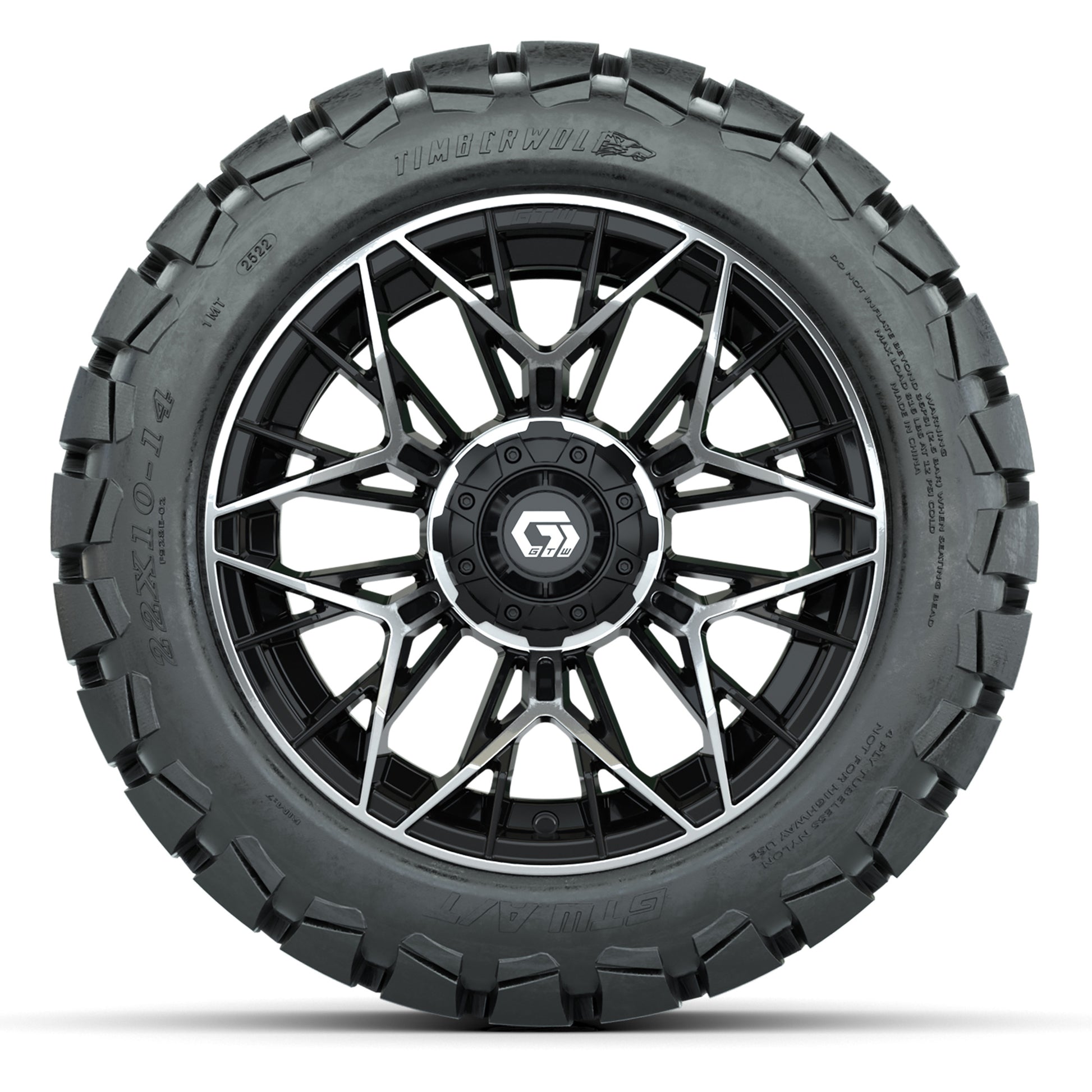 GTW Stellar Black/Machined 14 in Wheels with 22X10-14 Timberwolf All-Terrain Tires – Full Set
