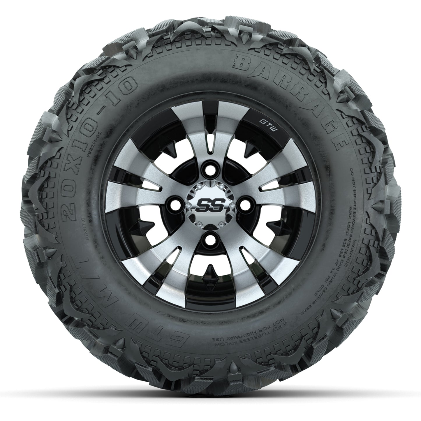 GTW Vampire Black/Machined 10 in Wheels with 20x10-10 Barrage Mud Tires – Full Set