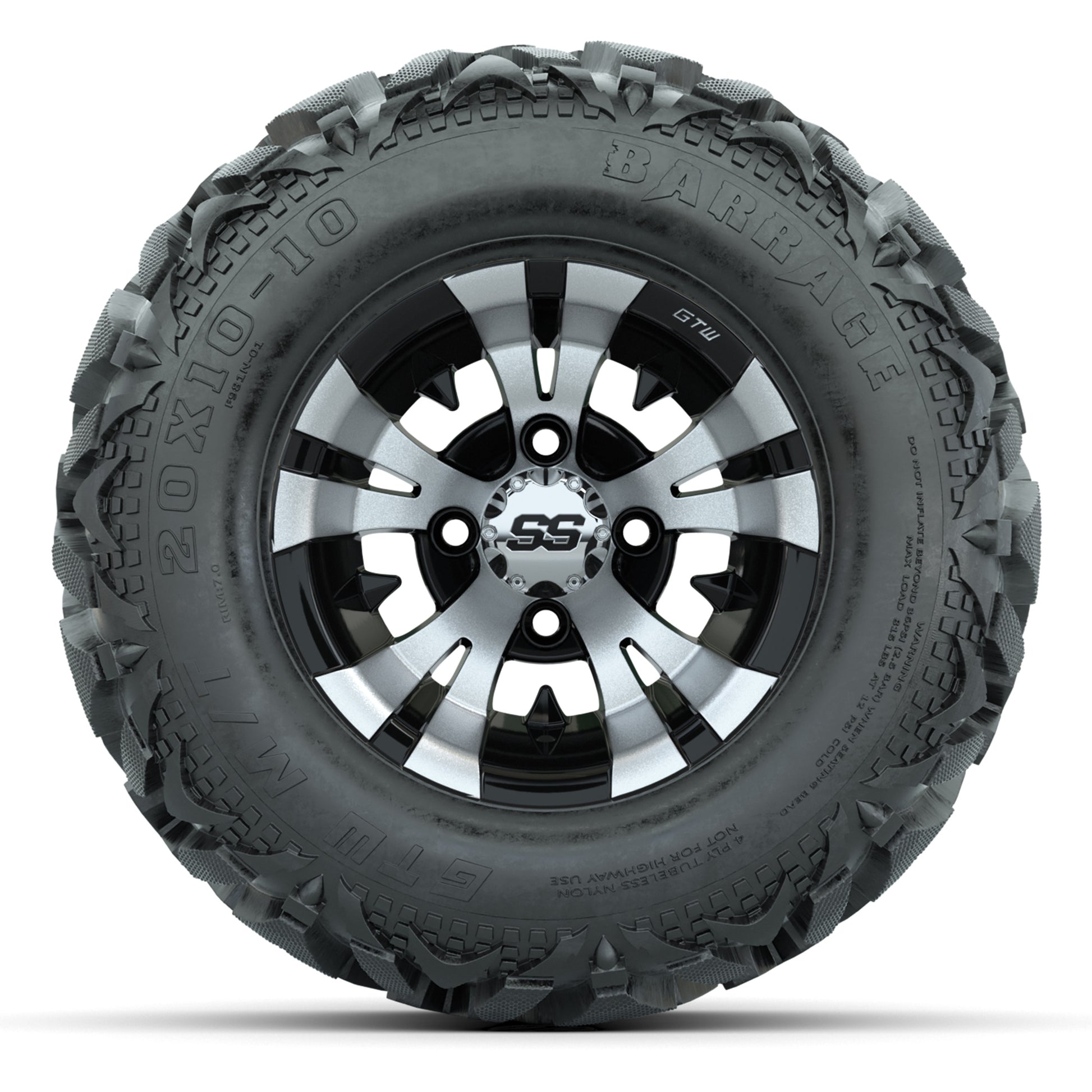 GTW Vampire Black/Machined 10 in Wheels with 20x10-10 Barrage Mud Tires – Full Set