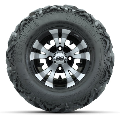 GTW Vampire Black/Machined 10 in Wheels with 20x10-10 Barrage Mud Tires – Full Set