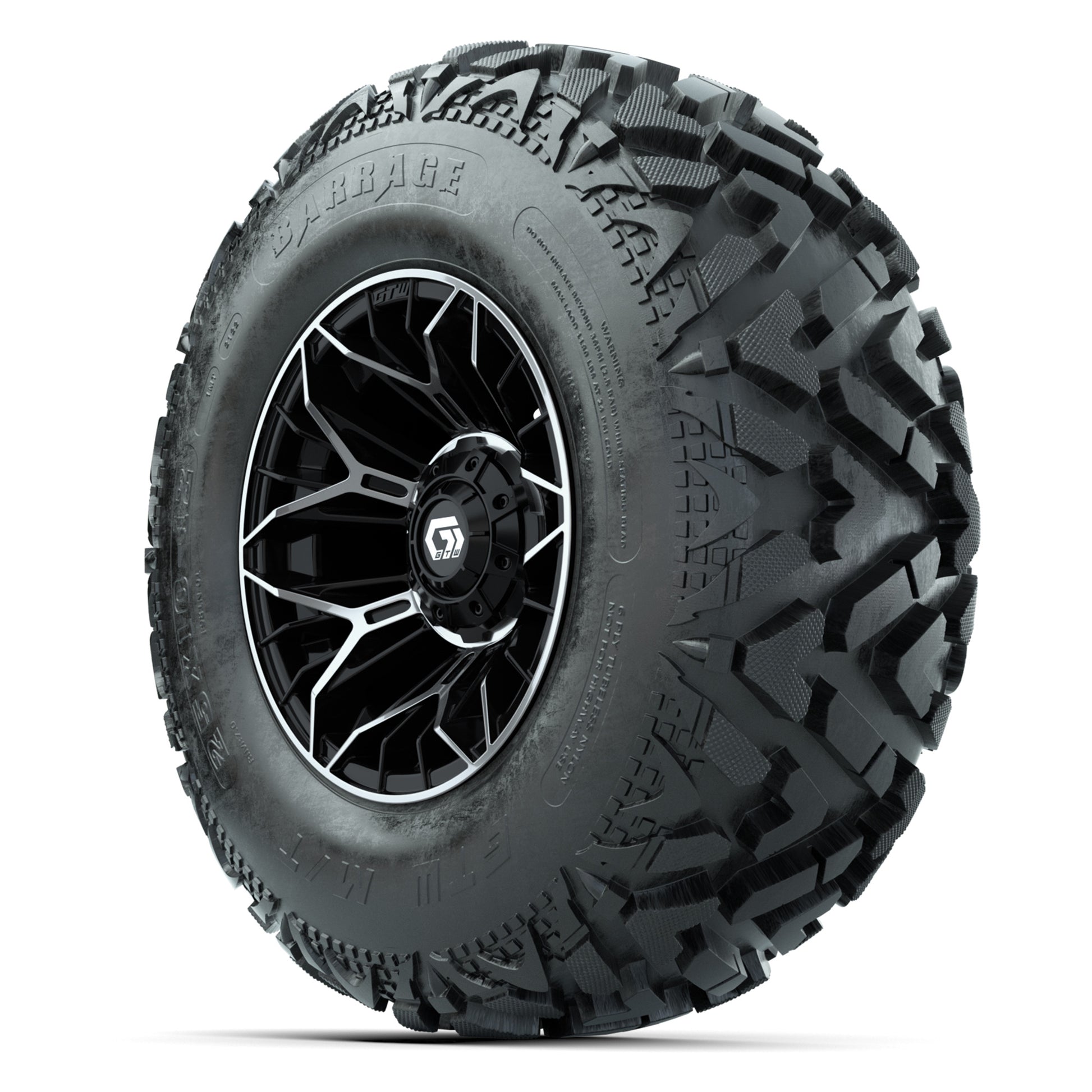 GTW® Stellar Black/Machined 12 in Wheels with 25X10-12 Barrage Mud Tires – Full Set
