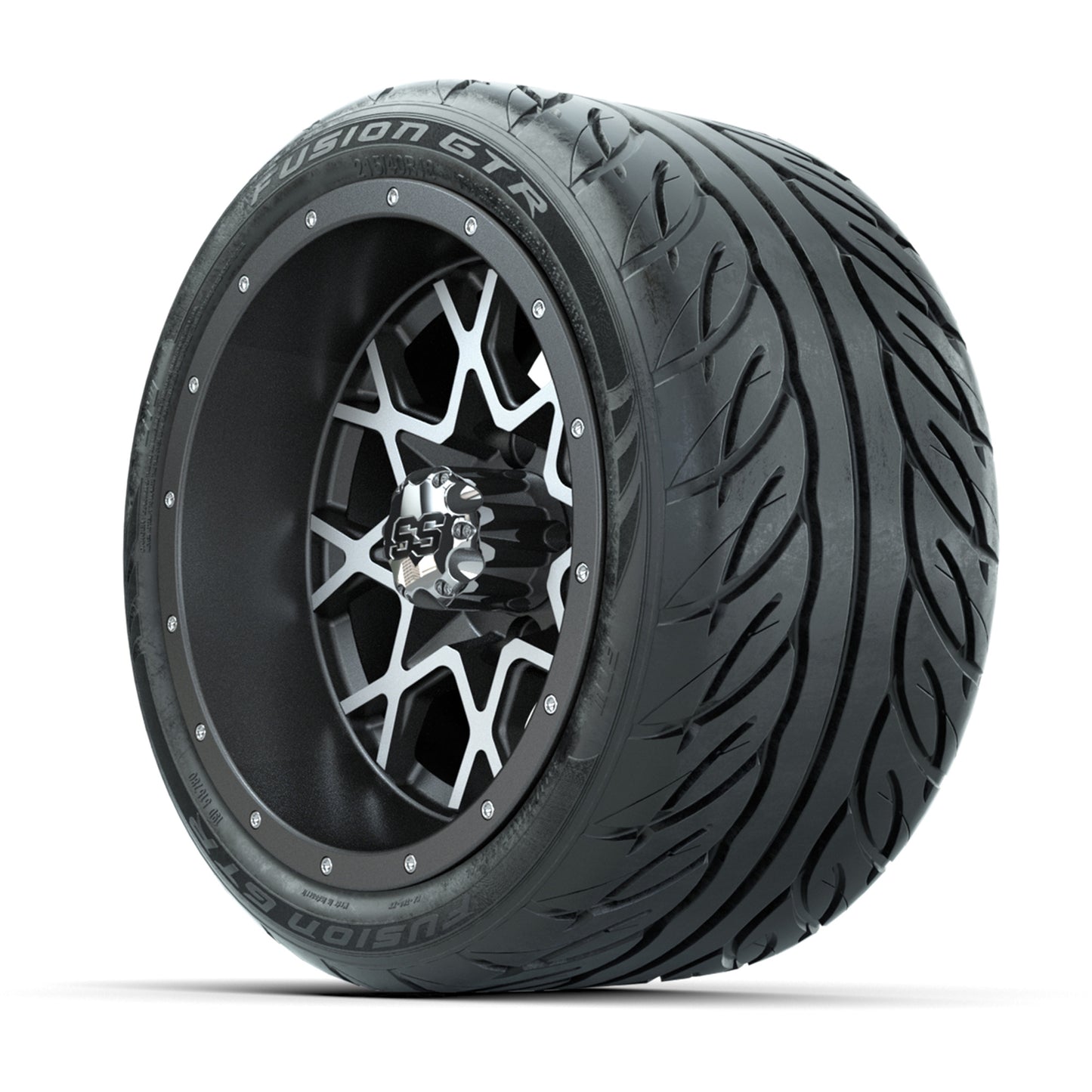GTW® Vortex 2 Matte Gray/Machined 12 in Wheels with 215/40-R12 Fusion GTR Steel Belt Radial Street Tires – Full Set